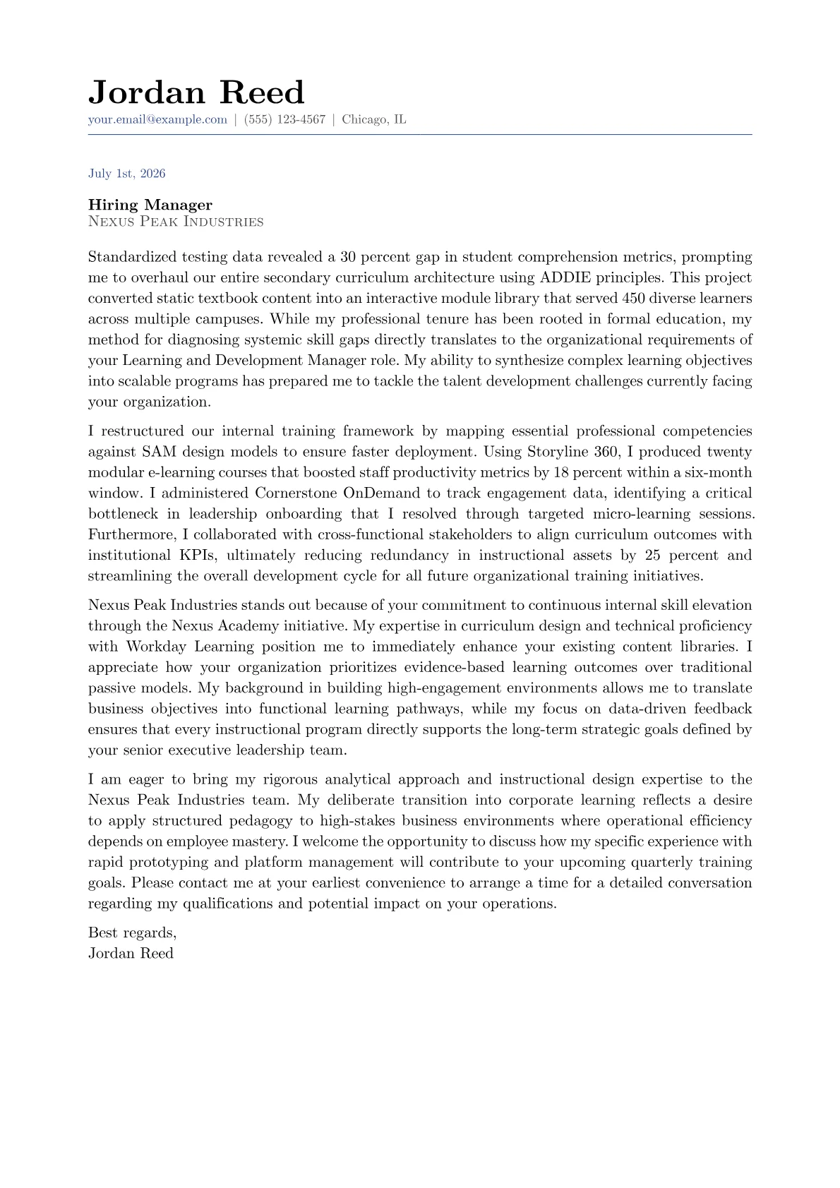 Learning and Development Manager cover letter in the Classic design