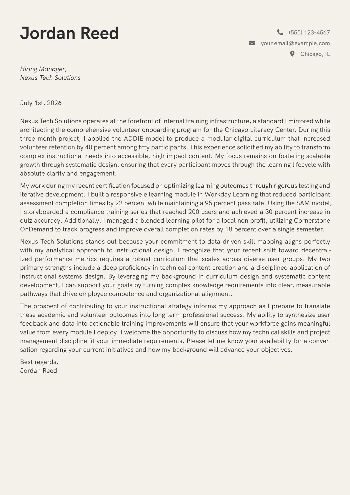 Learning and Development Manager cover letter in the Creative design