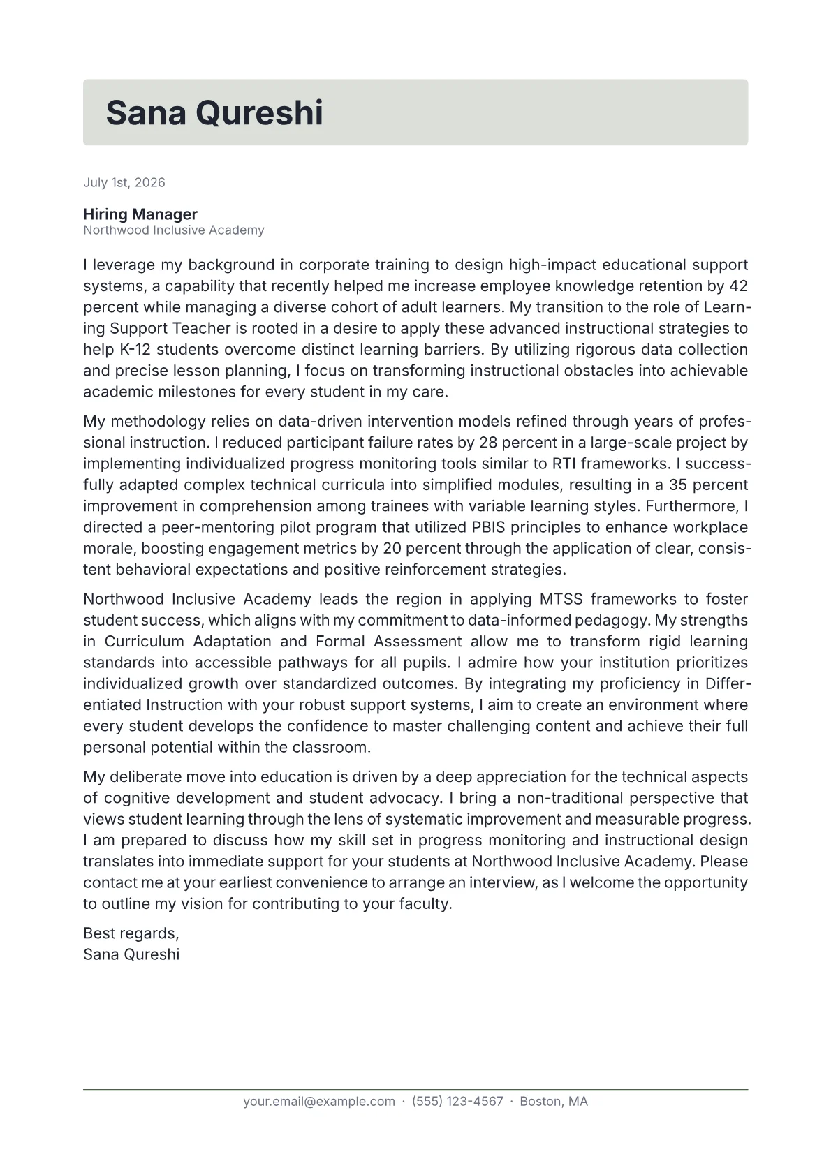 Learning Support Teacher cover letter in the Letterhead design