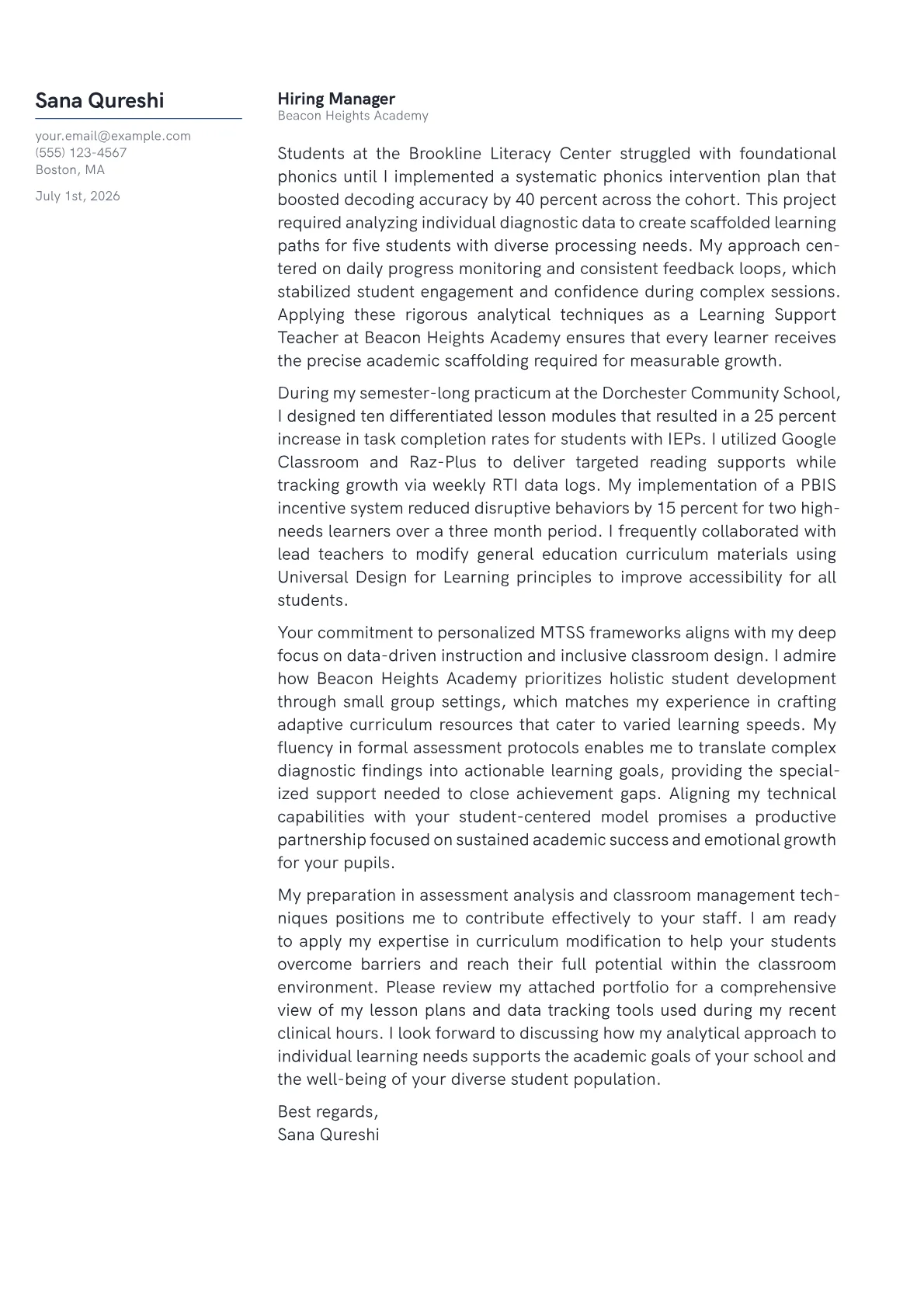 Learning Support Teacher cover letter in the Margin design