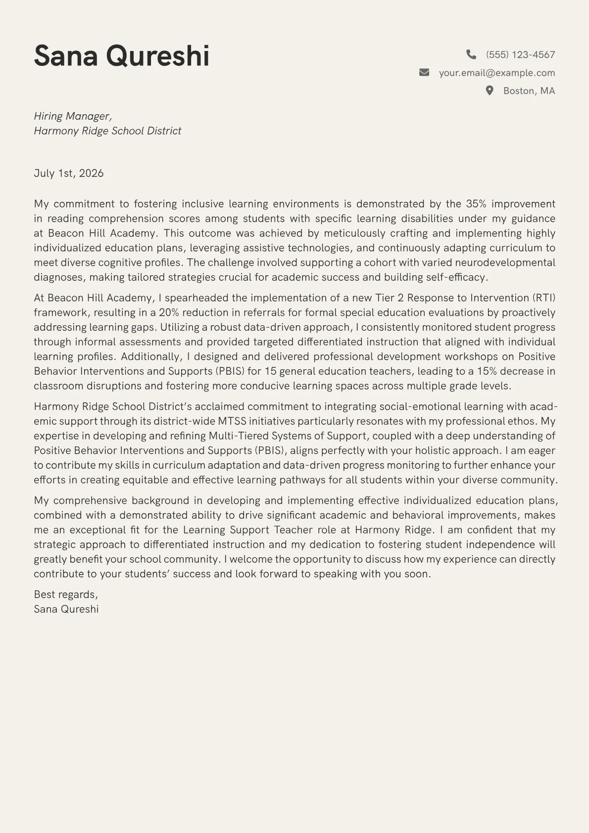 Learning Support Teacher cover letter formatted with a JobSprout template