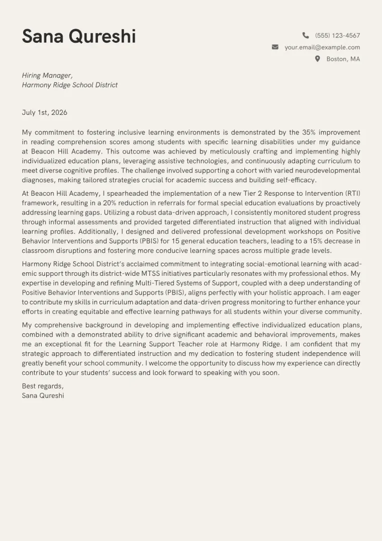 Learning Support Teacher cover letter example preview