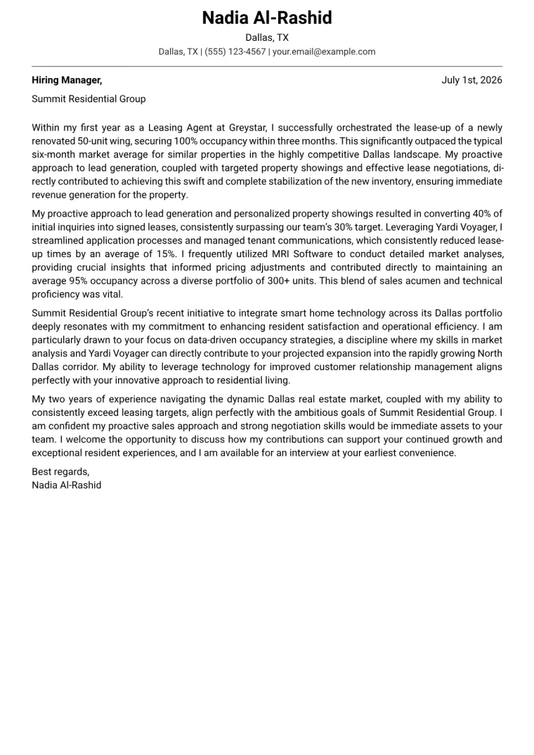 Leasing Agent Cover Letter Example