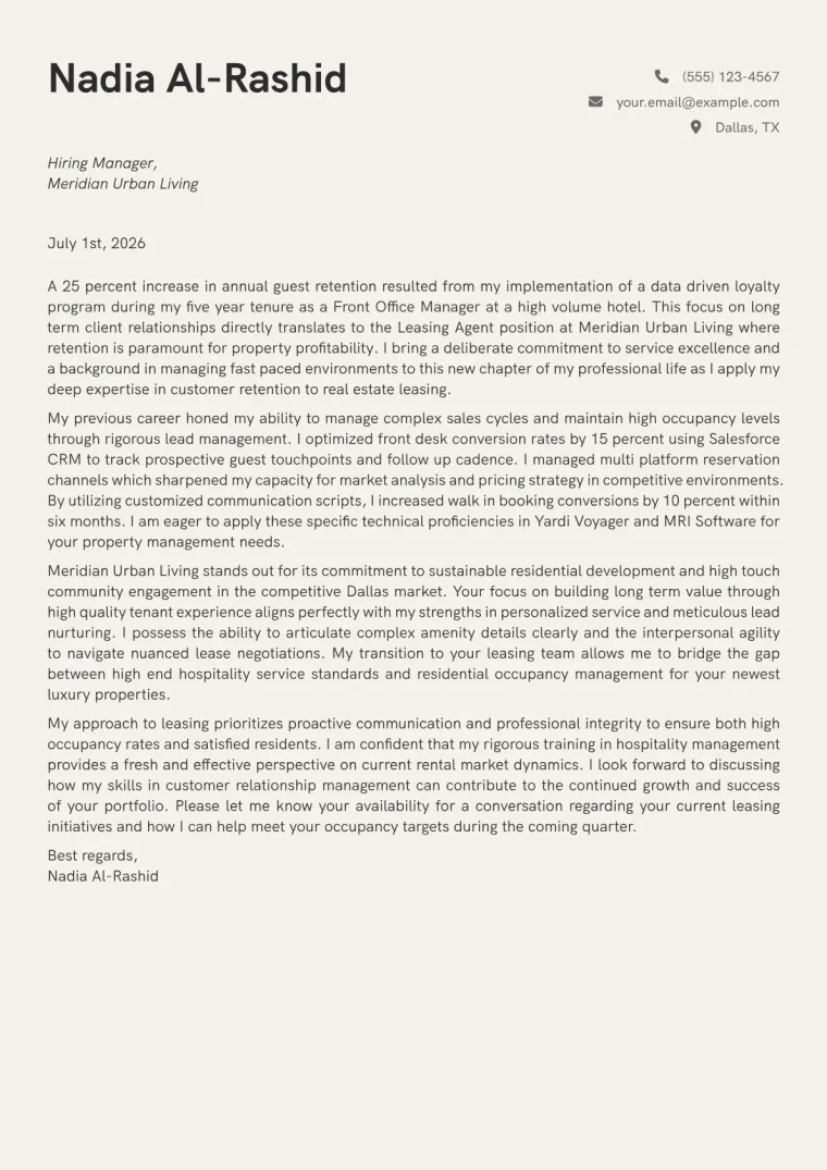 Leasing Agent cover letter for a career changer
