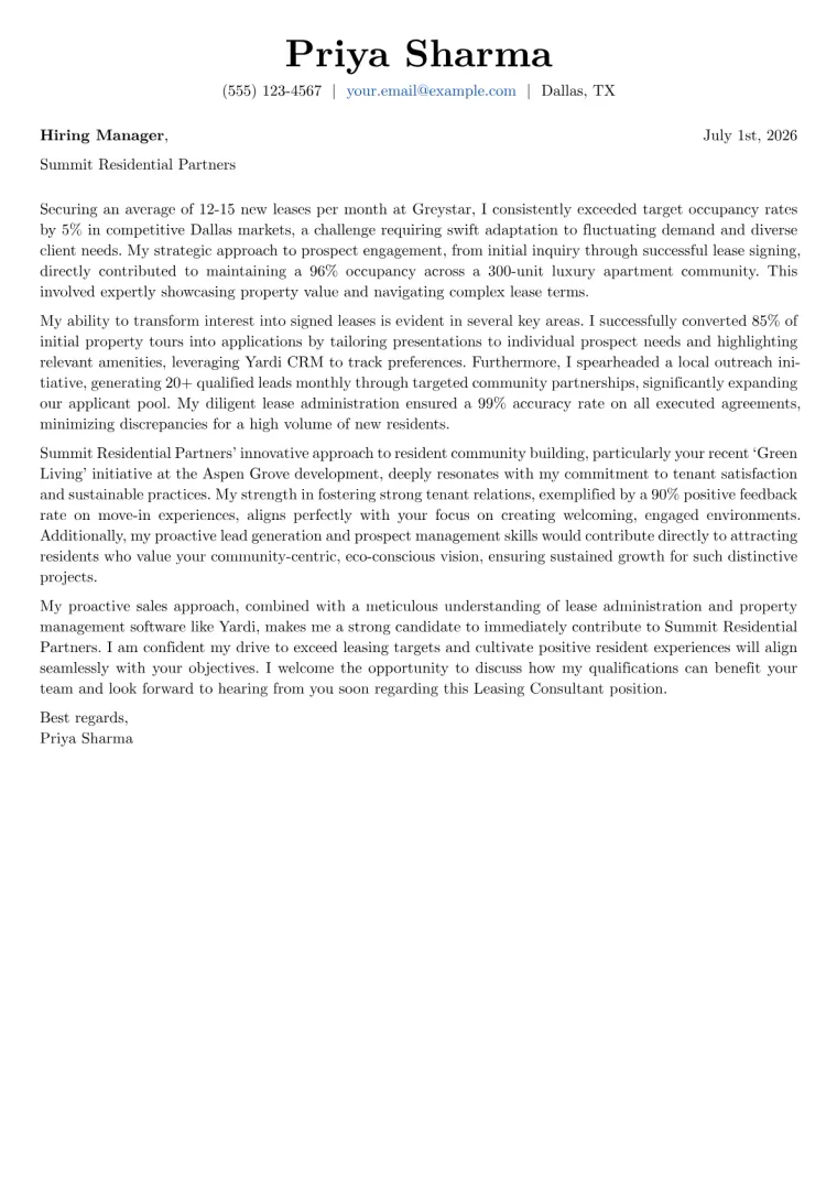 Leasing Consultant Cover Letter Example
