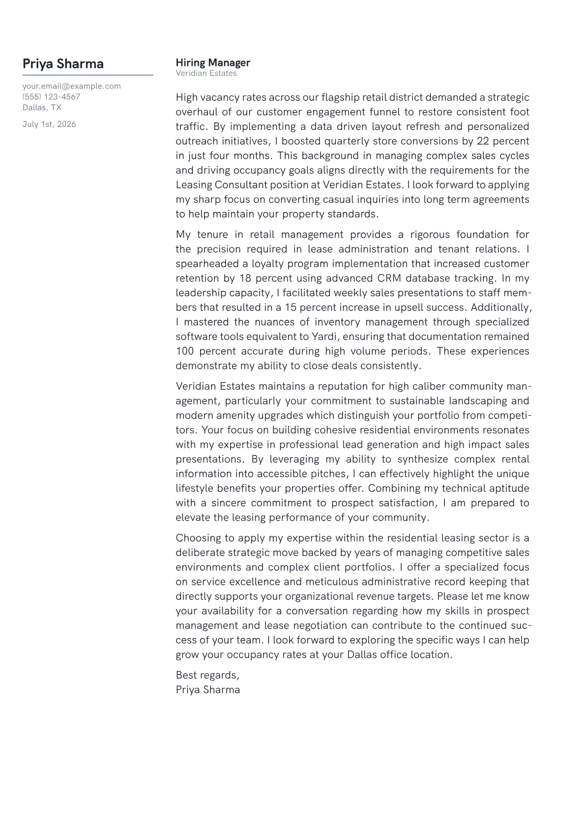 Leasing Consultant cover letter in the Margin design