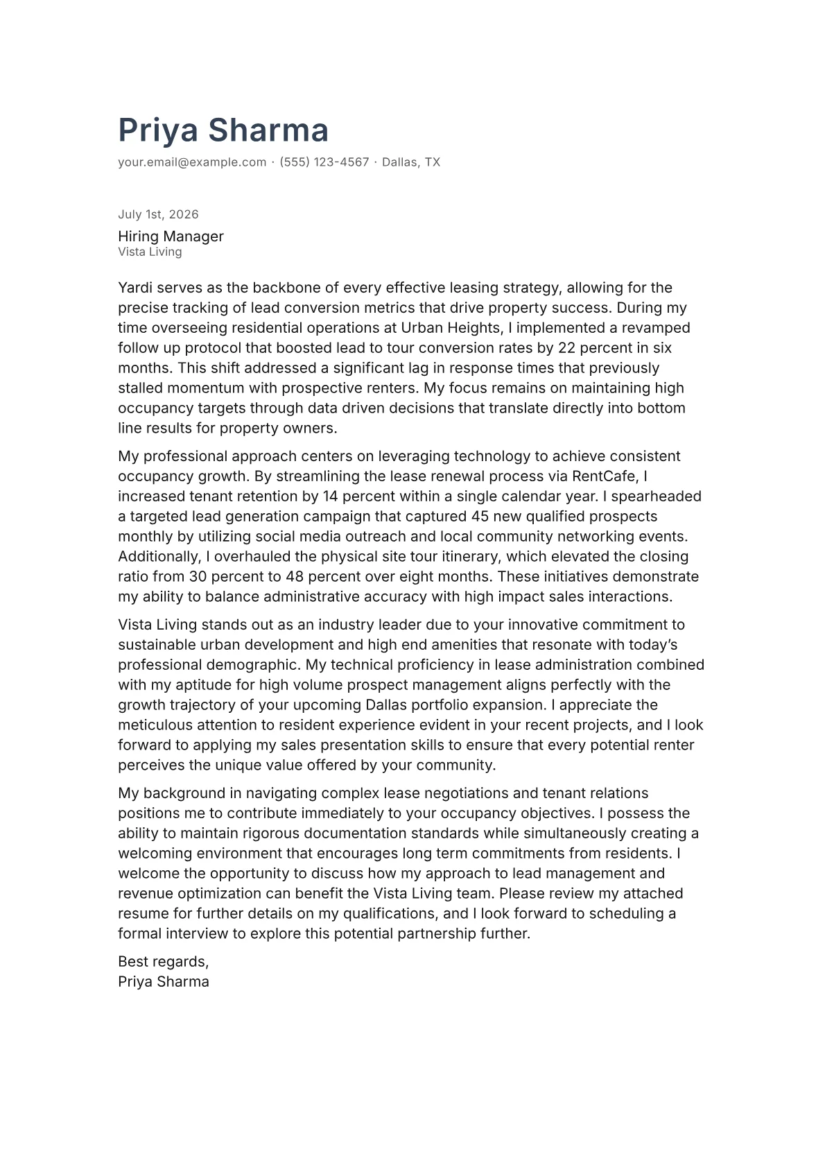 Leasing Consultant cover letter in the Minimal design