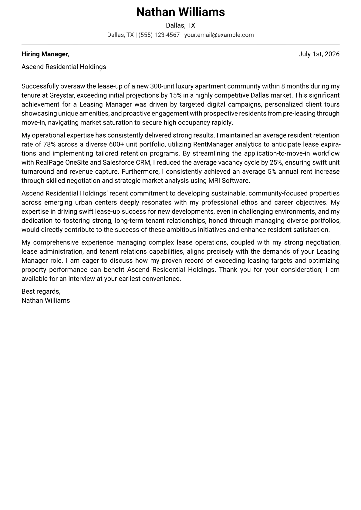 Leasing Manager cover letter formatted with a JobSprout template