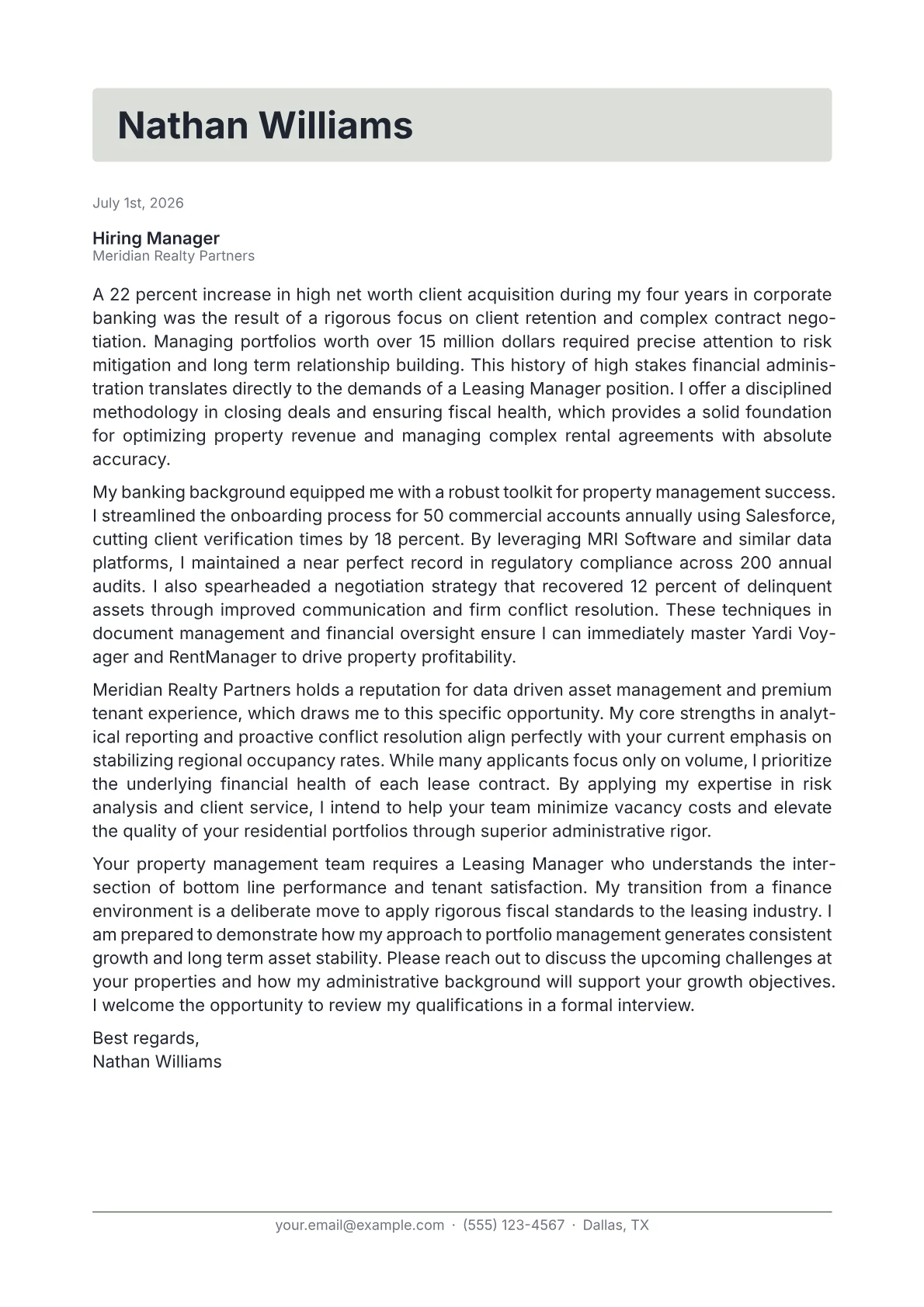 Leasing Manager cover letter in the Letterhead design