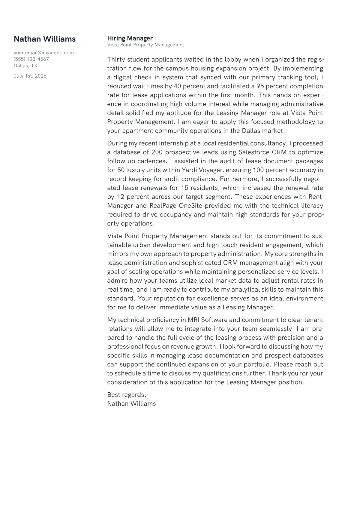 Leasing Manager cover letter in the Margin design