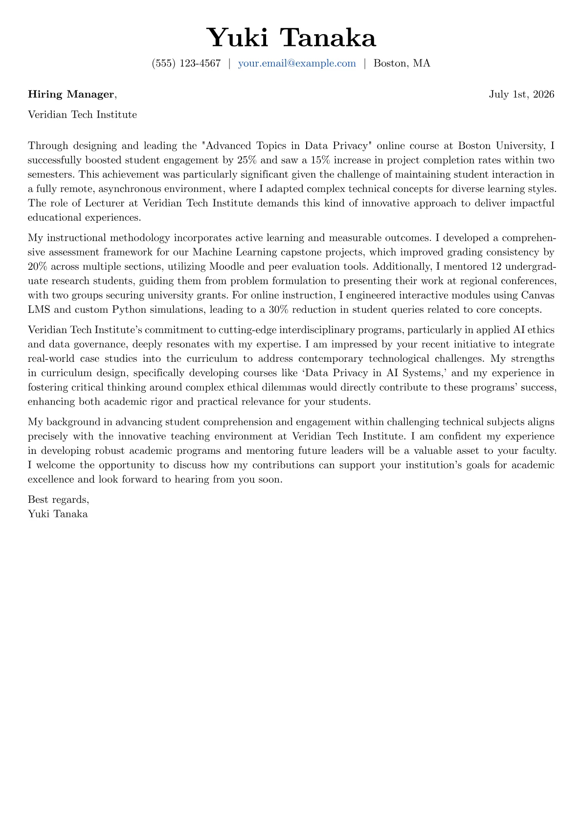 Lecturer cover letter formatted with a JobSprout template
