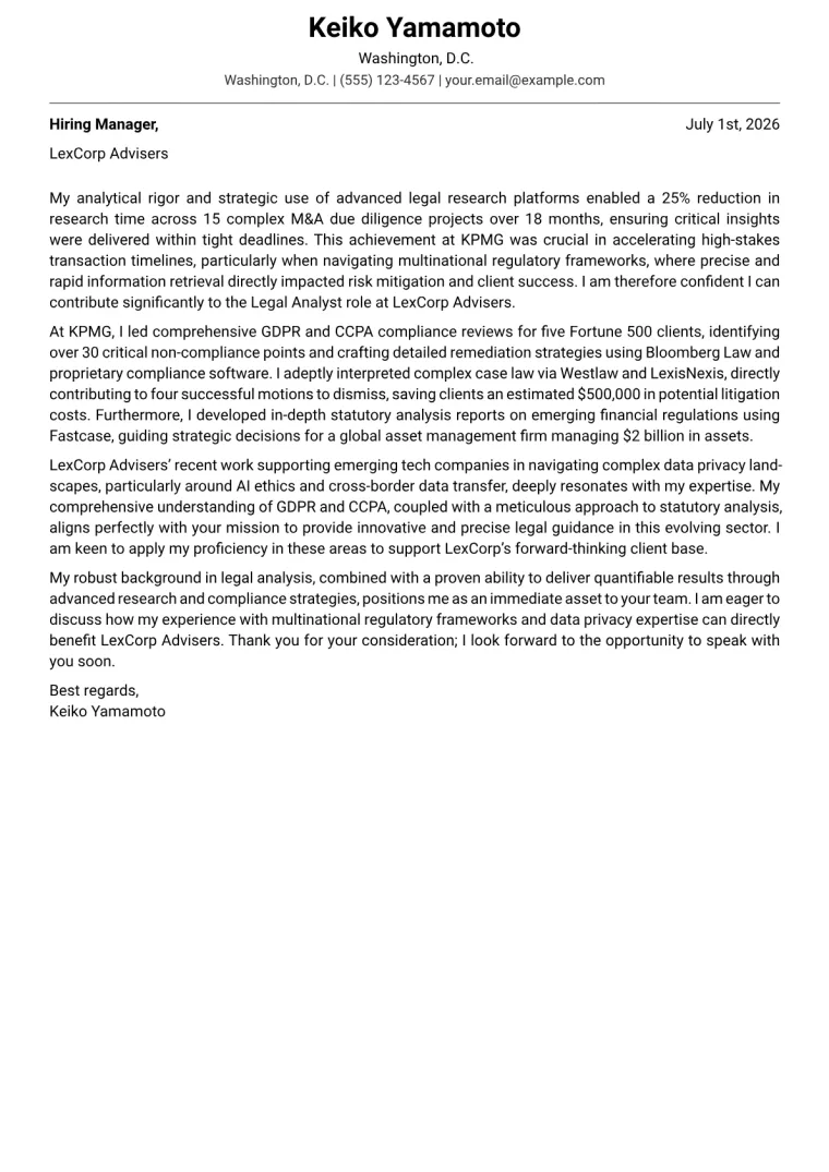 Legal Analyst Cover Letter Example