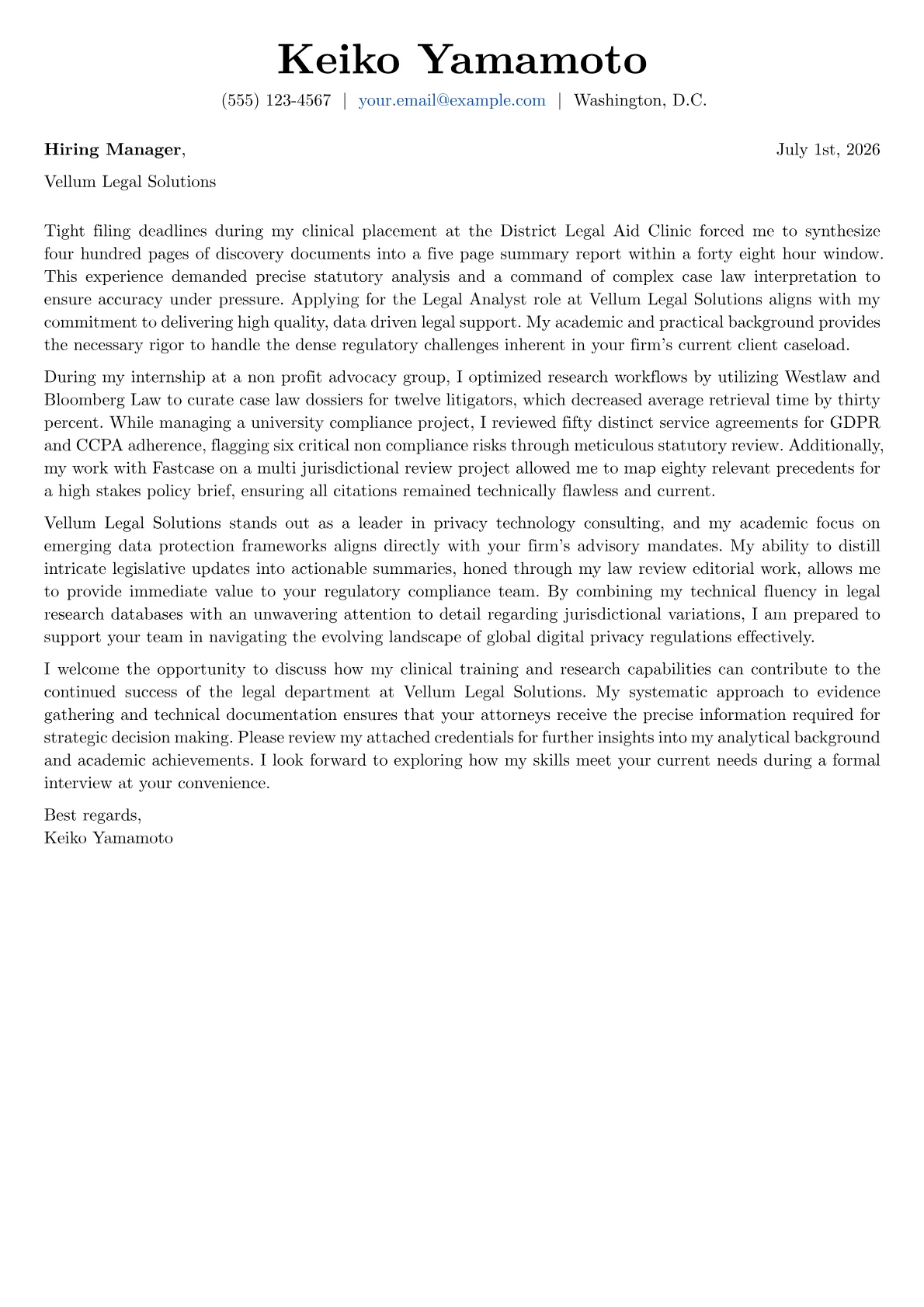 Legal Analyst cover letter in the Basic design