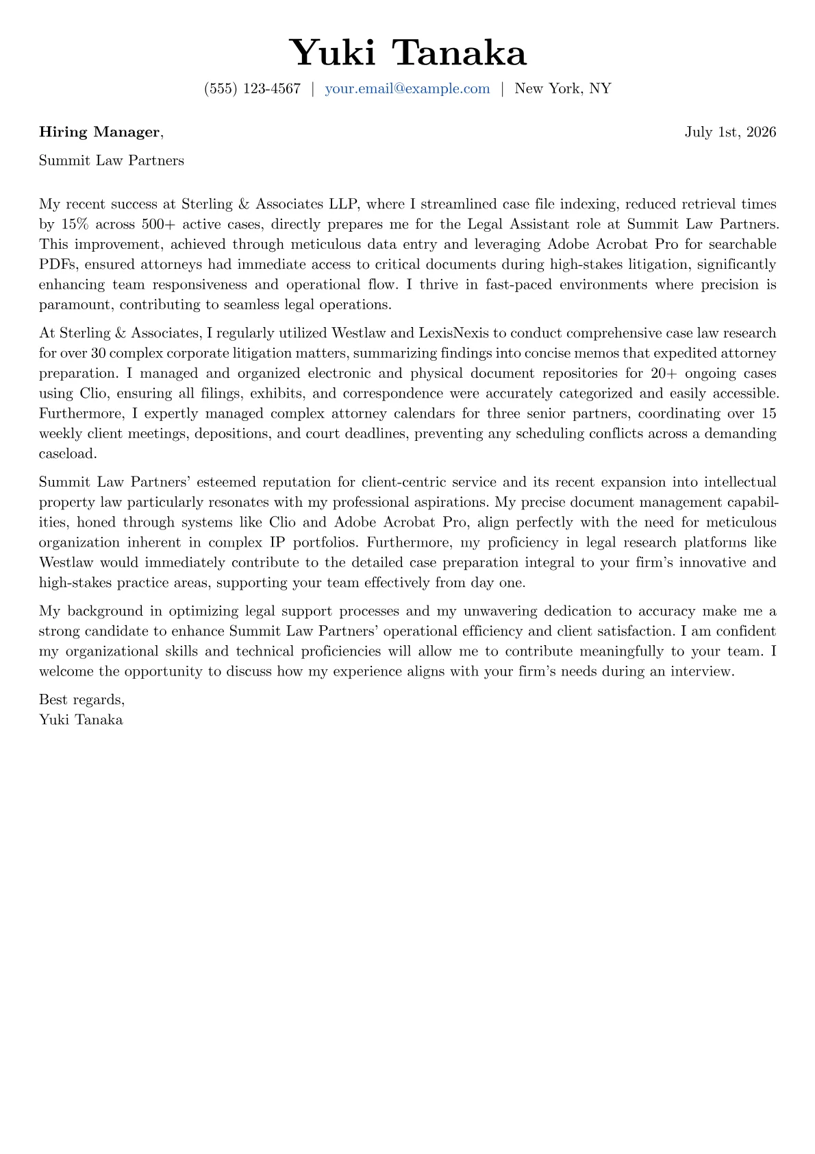 Legal Assistant cover letter formatted with a JobSprout template