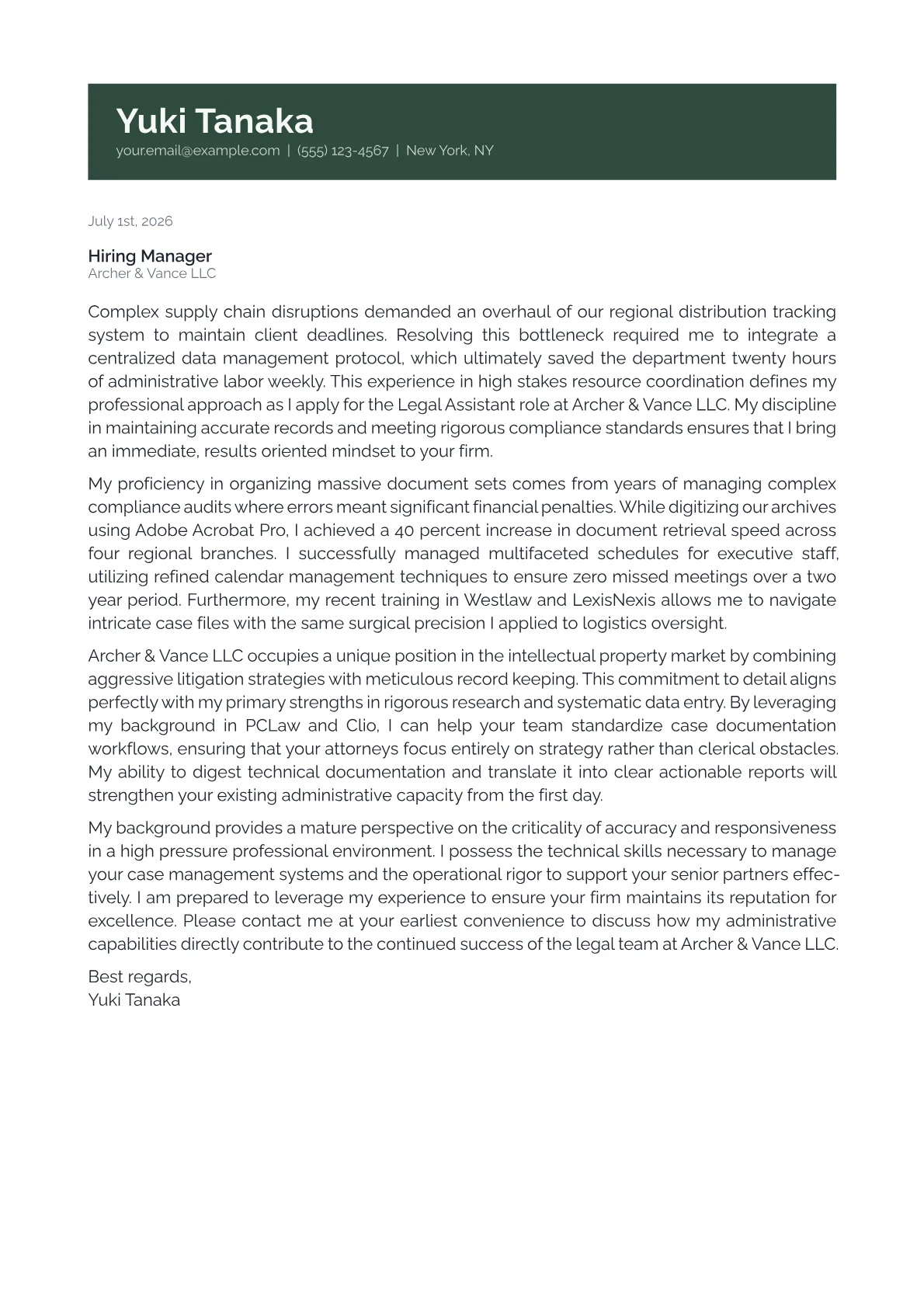 Legal Assistant cover letter in the Banner design