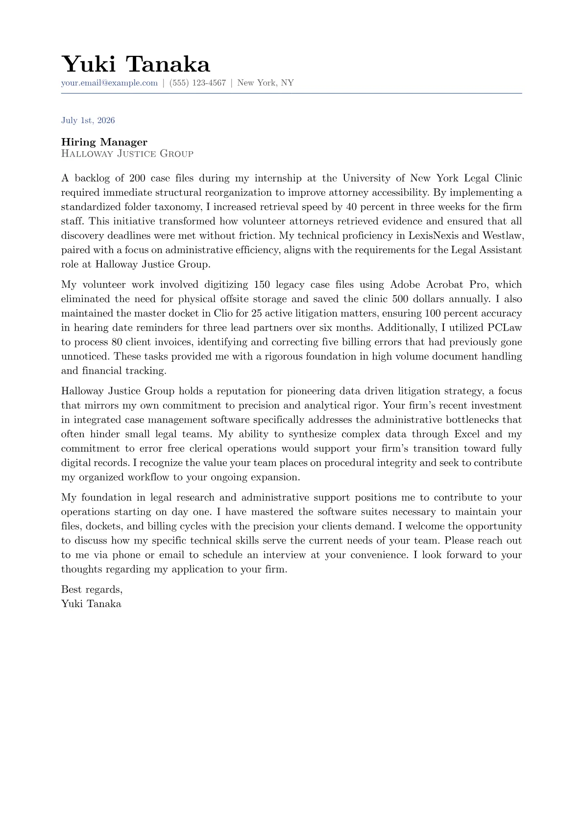 Legal Assistant cover letter in the Classic design