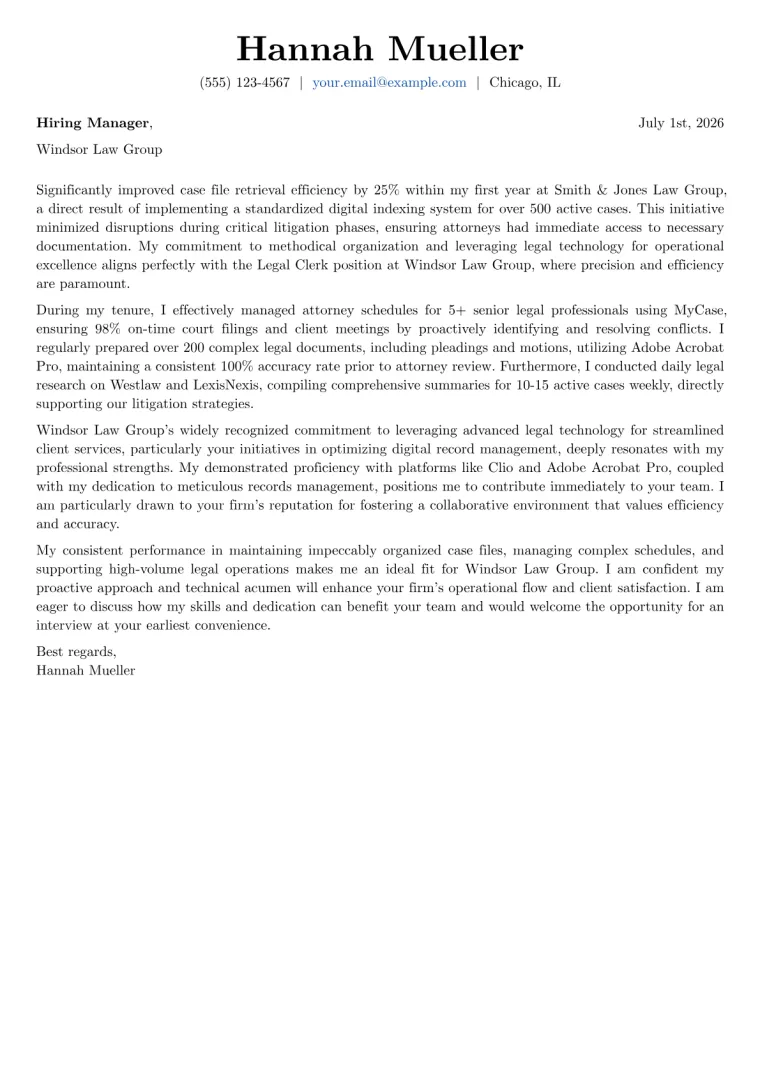 Legal Clerk Cover Letter Example