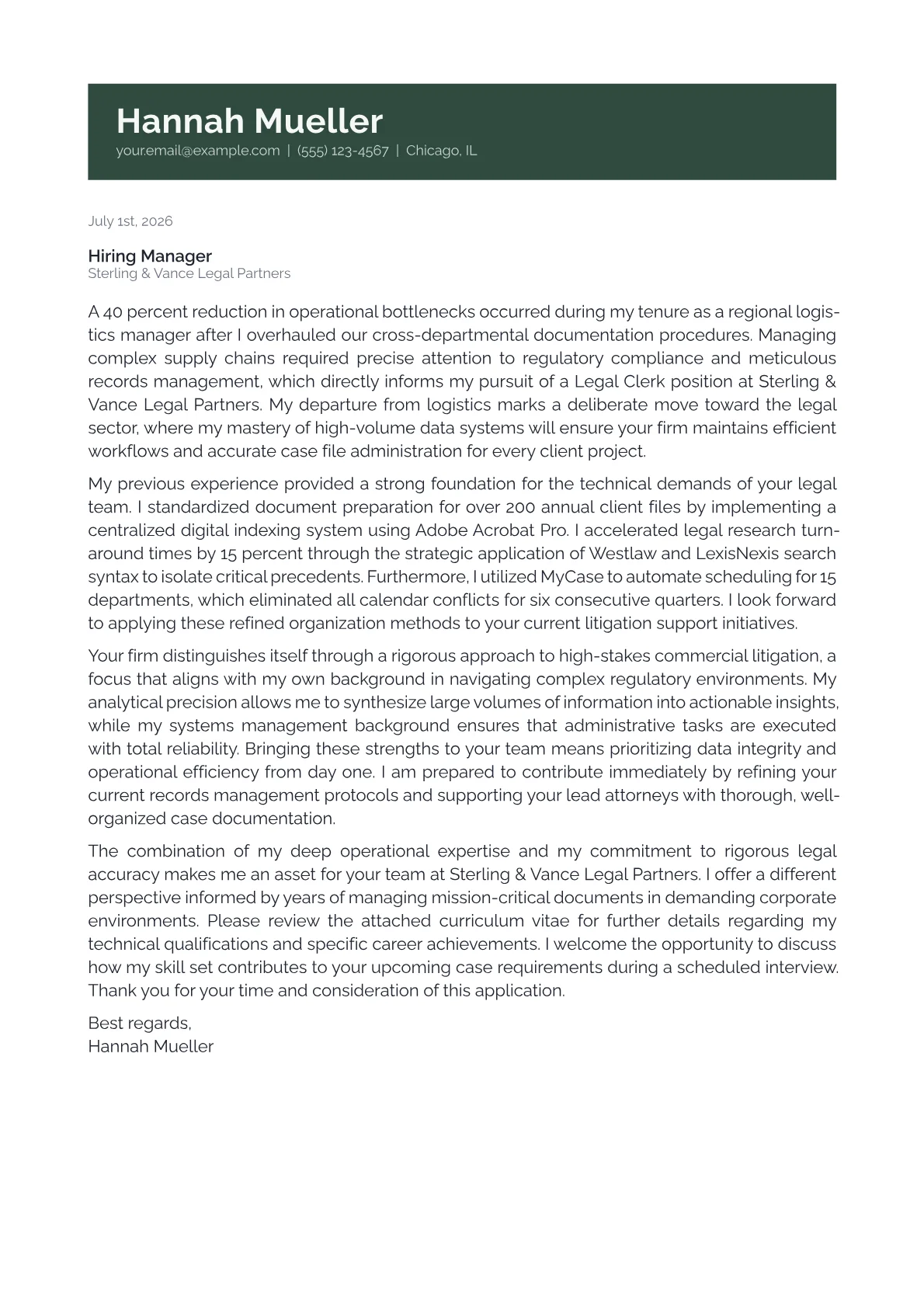 Legal Clerk cover letter in the Banner design