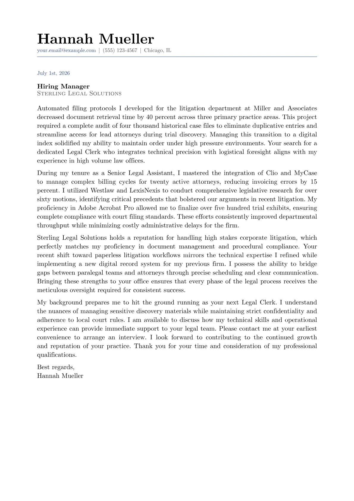 Legal Clerk cover letter in the Classic design