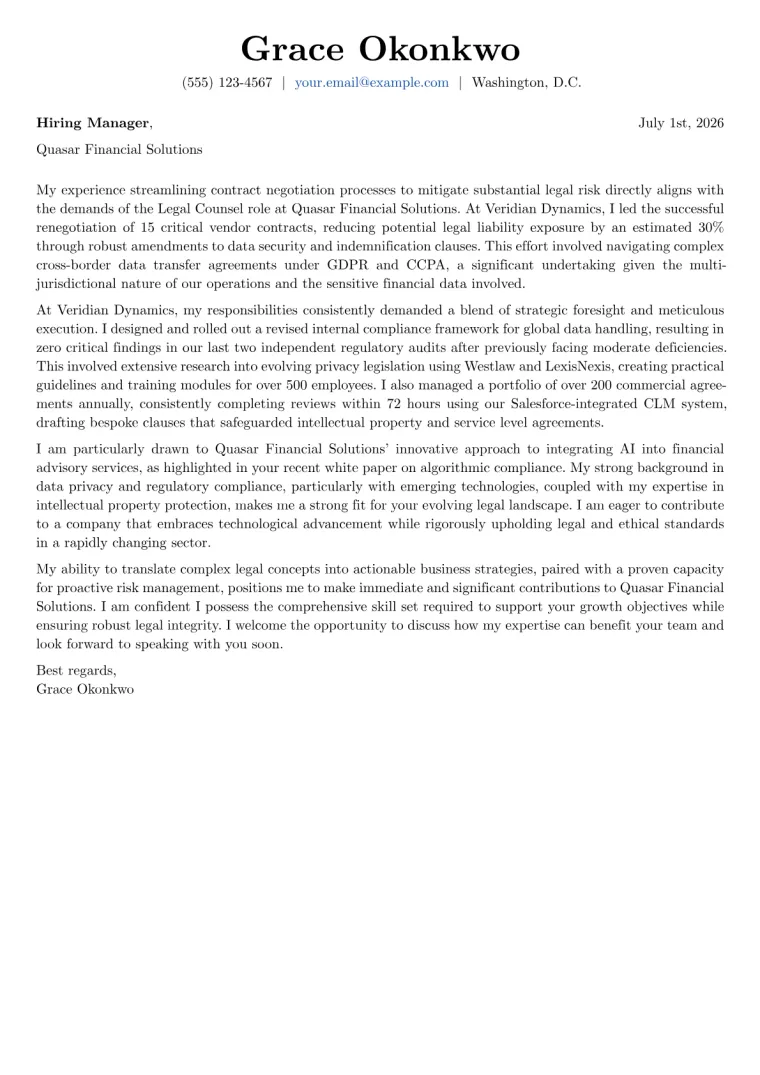 Legal Counsel Cover Letter Example