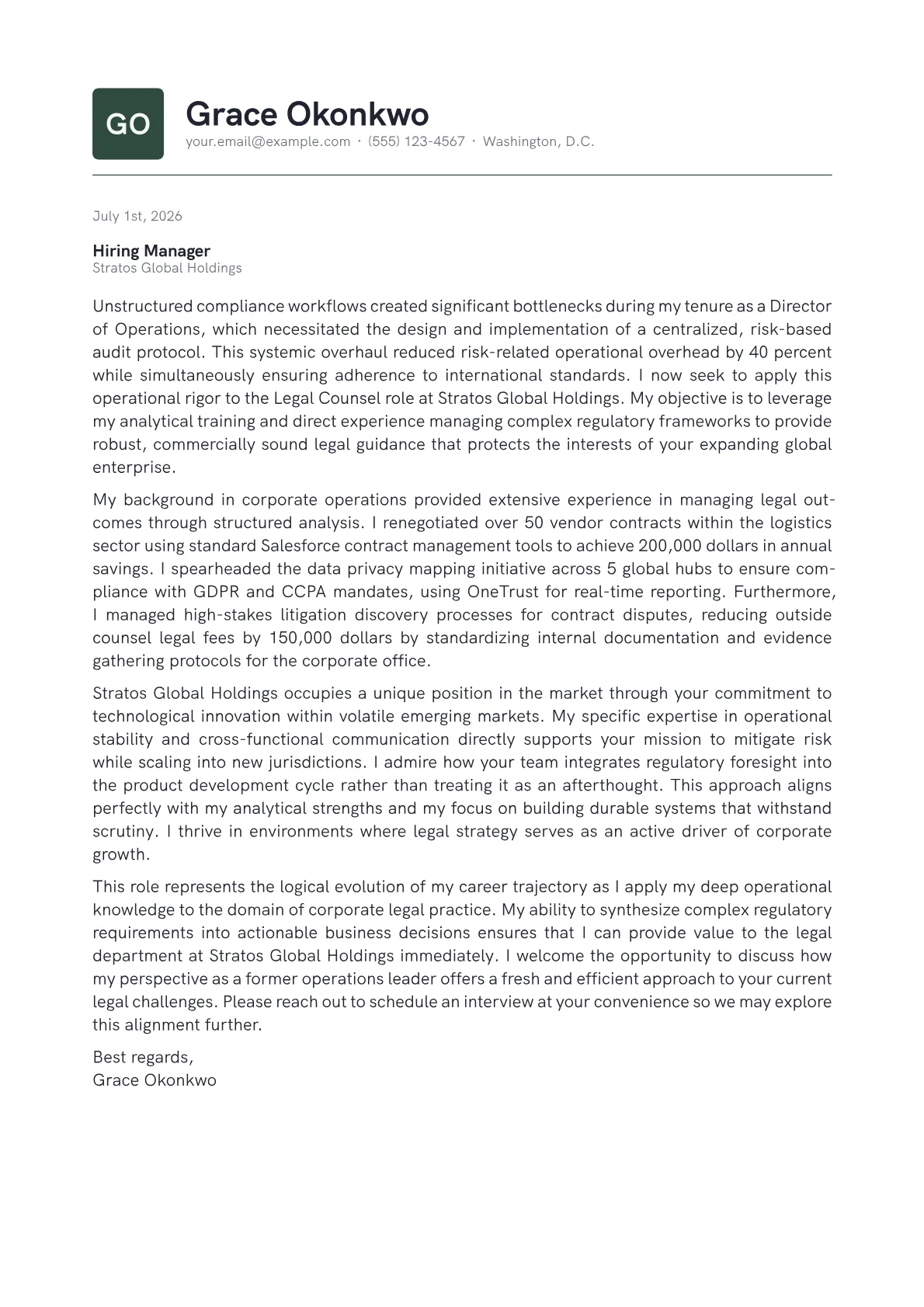 Legal Counsel cover letter in the Emblem design