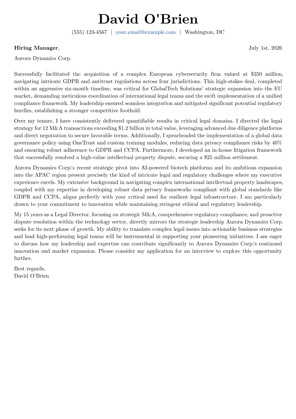 Legal Director cover letter formatted with a JobSprout template