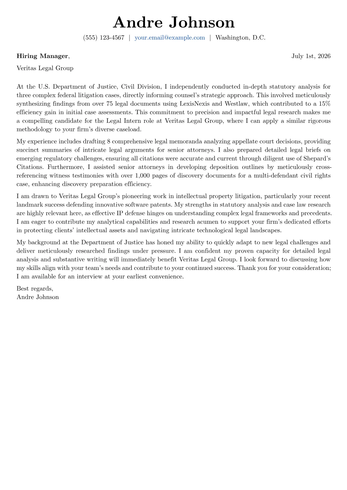 Legal Intern cover letter formatted with a JobSprout template