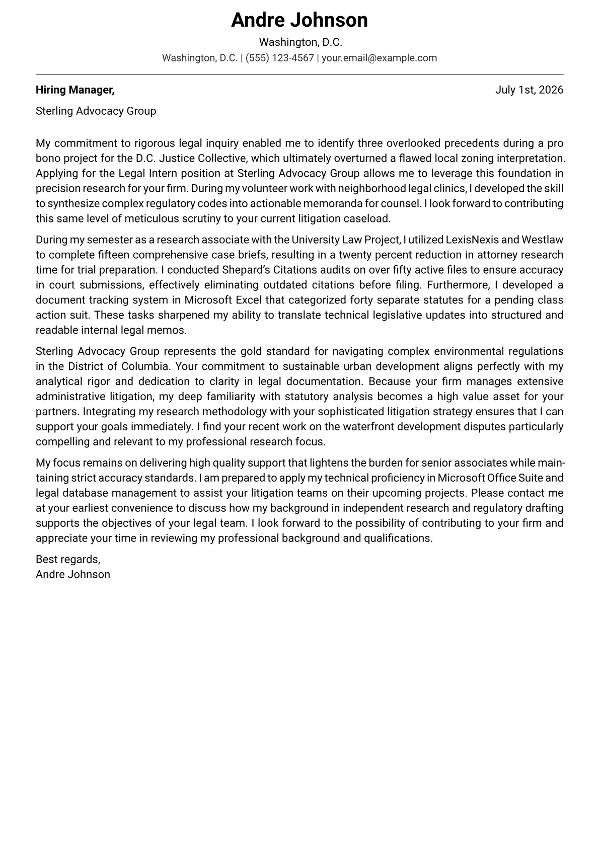 Legal Intern cover letter in the Modern design