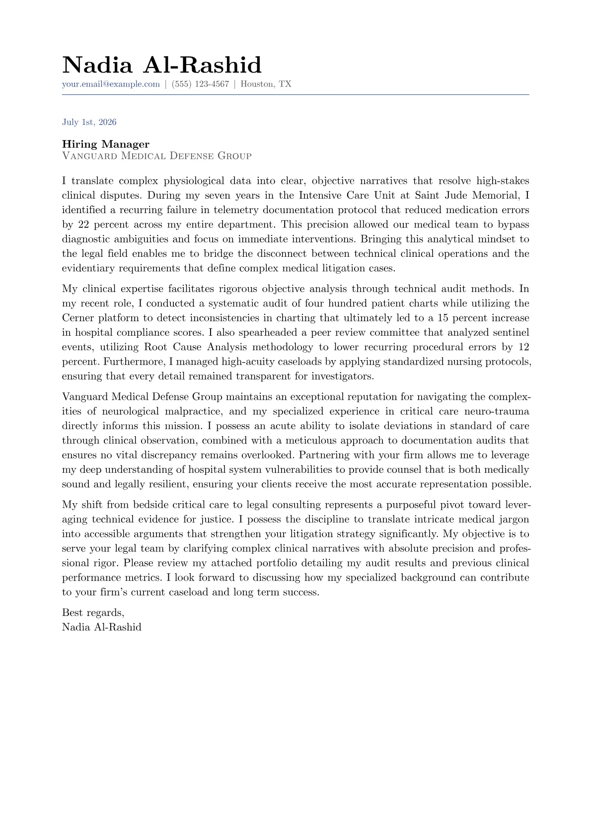 Legal Nurse Consultant cover letter in the Classic design