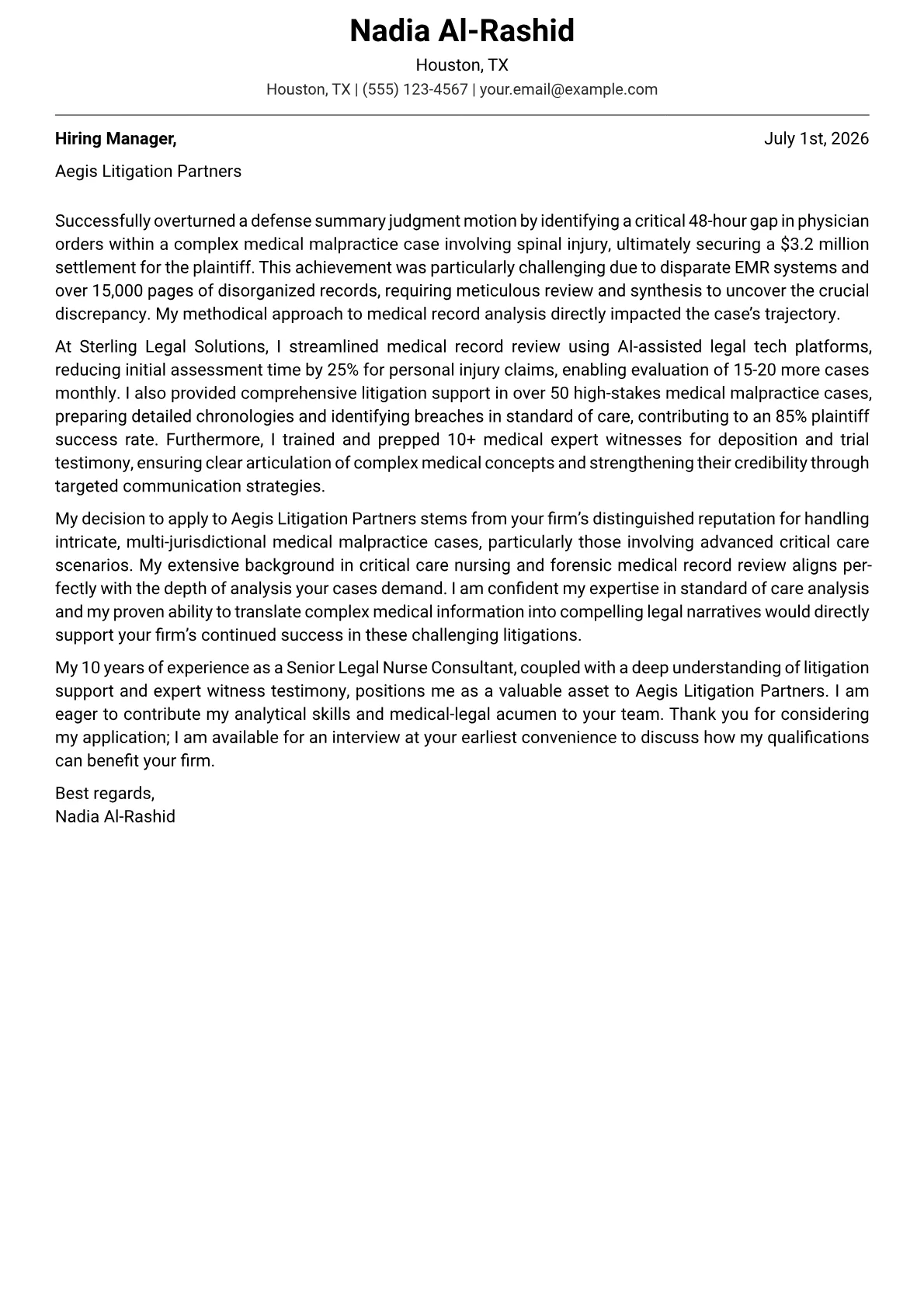 Legal Nurse Consultant cover letter formatted with a JobSprout template