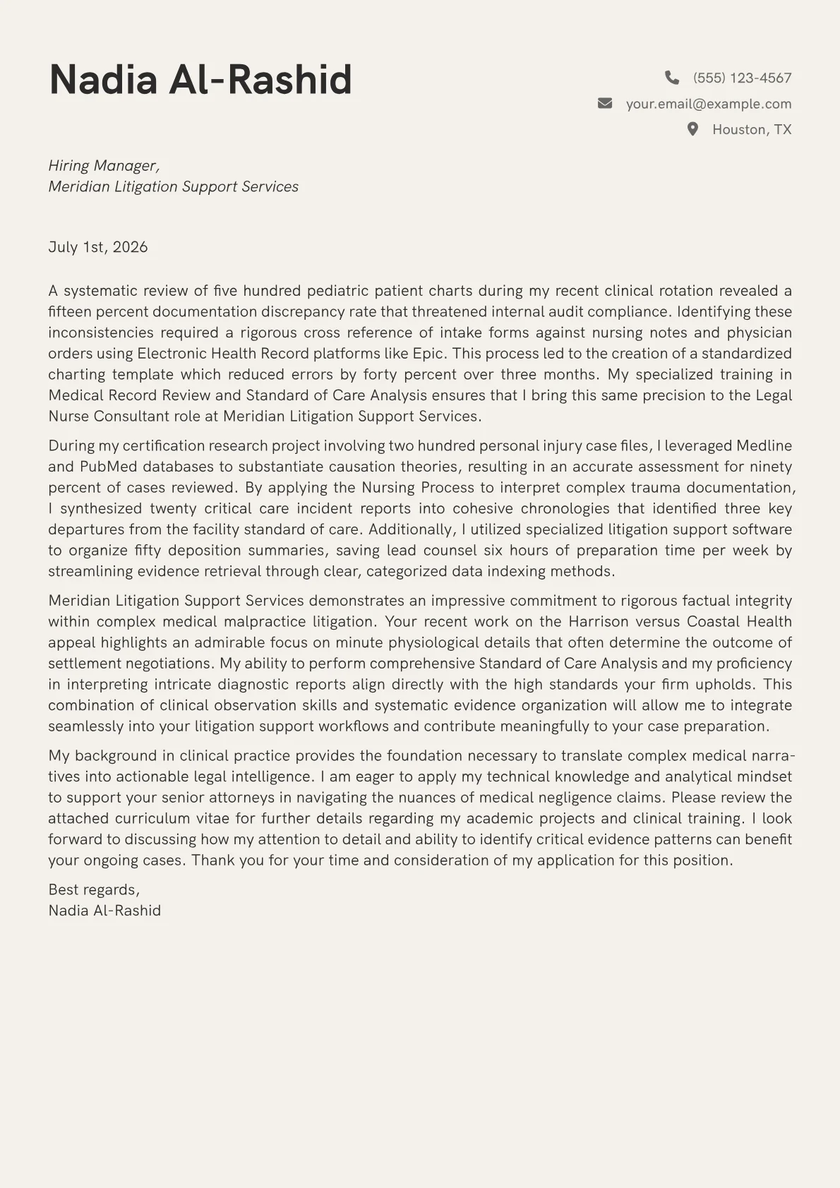 Legal Nurse Consultant cover letter in the Creative design