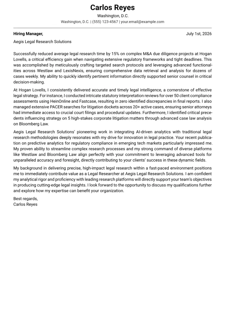 Legal Researcher cover letter example preview