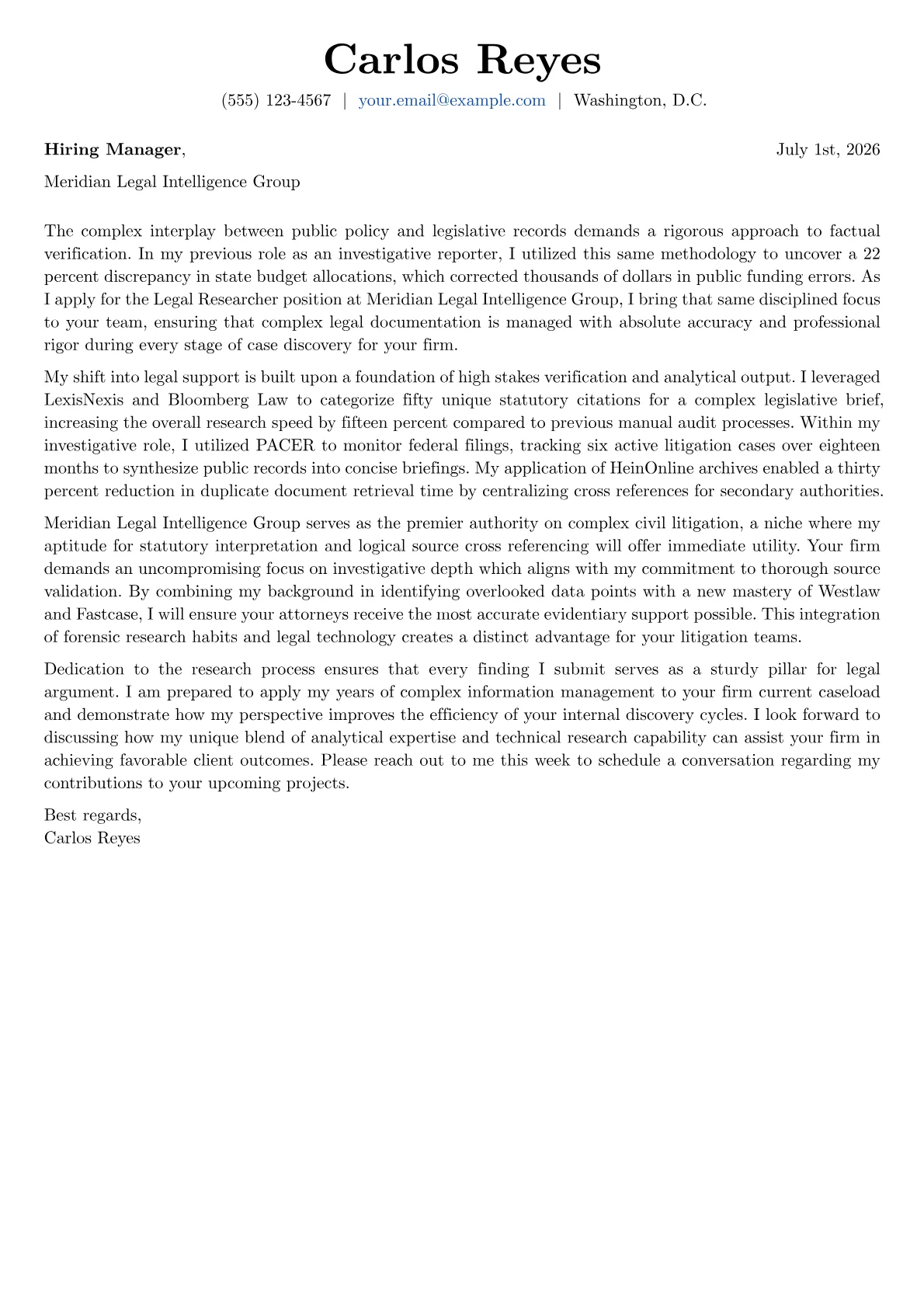 Legal Researcher cover letter in the Basic design
