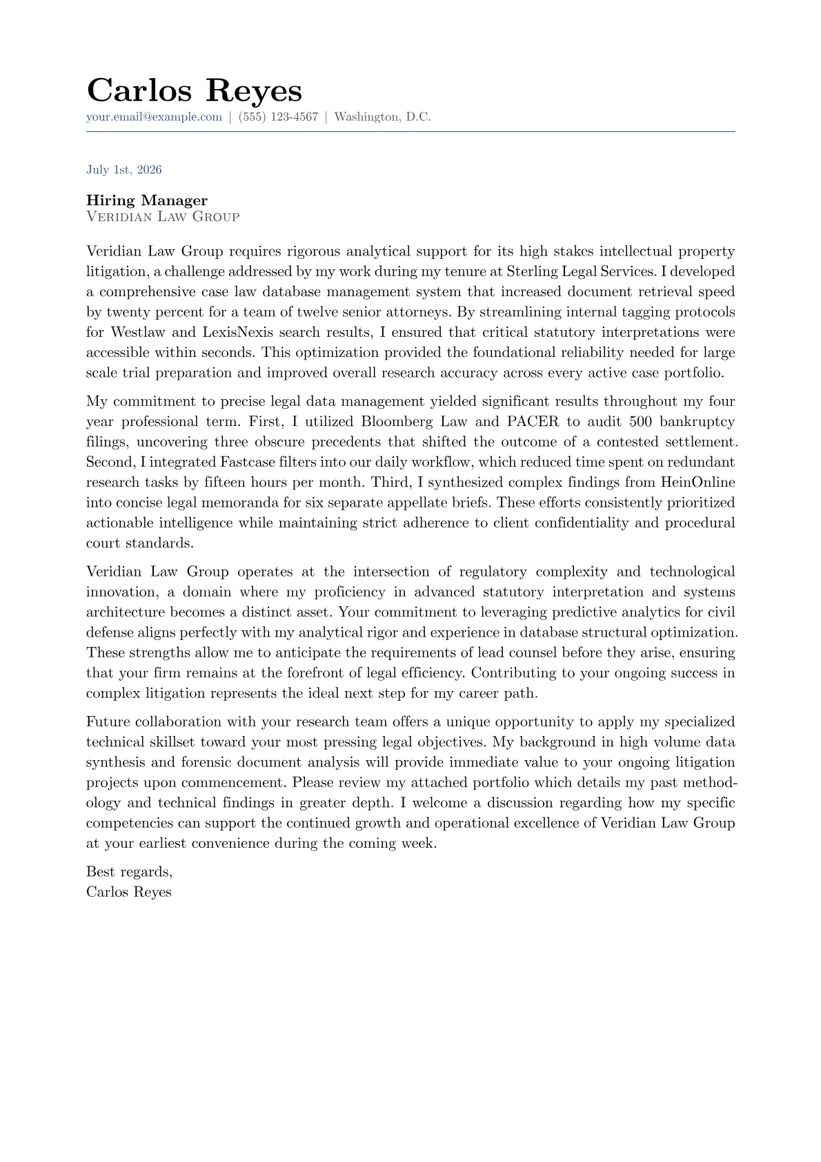 Legal Researcher cover letter in the Classic design