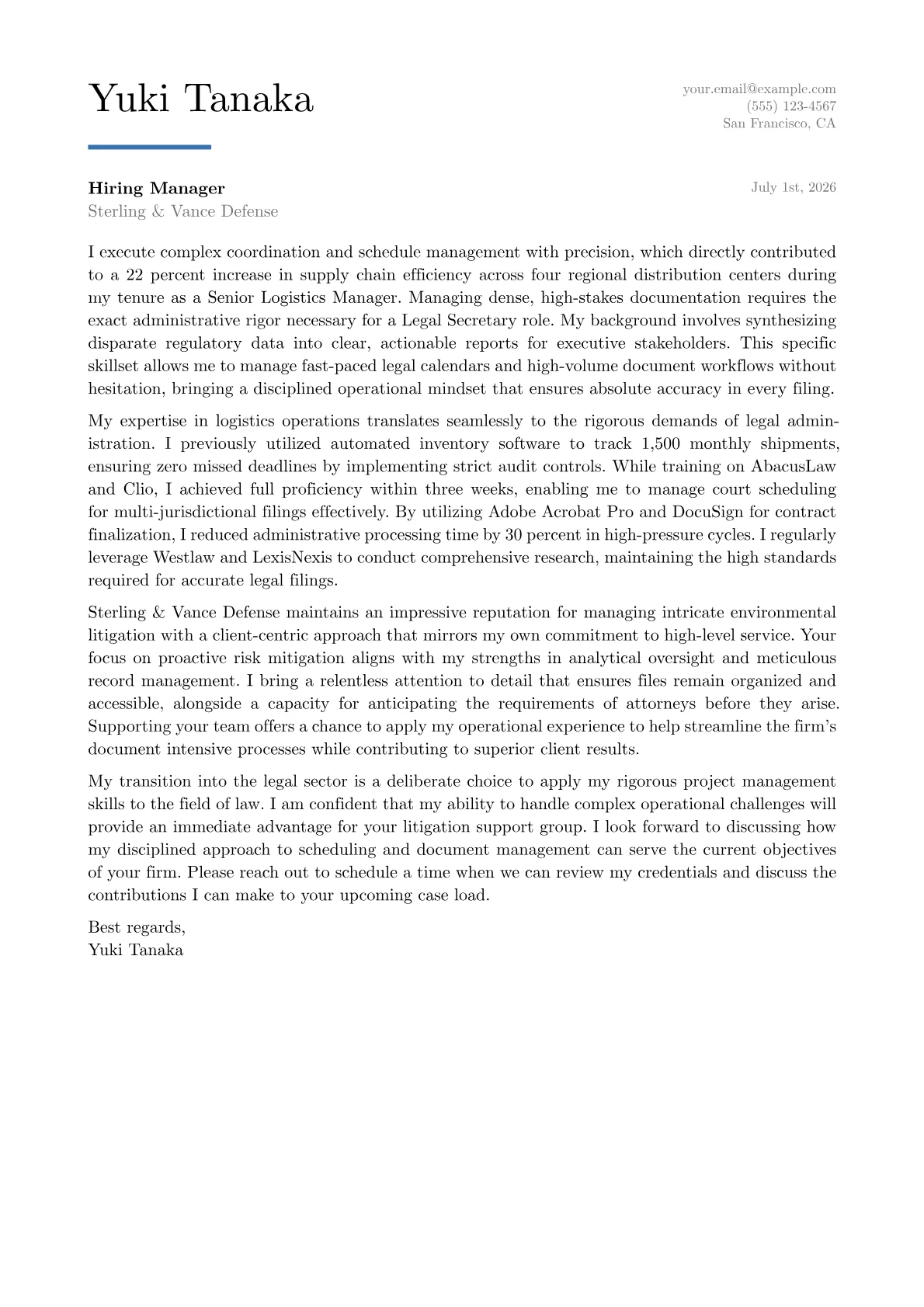 Legal Secretary cover letter in the Executive design