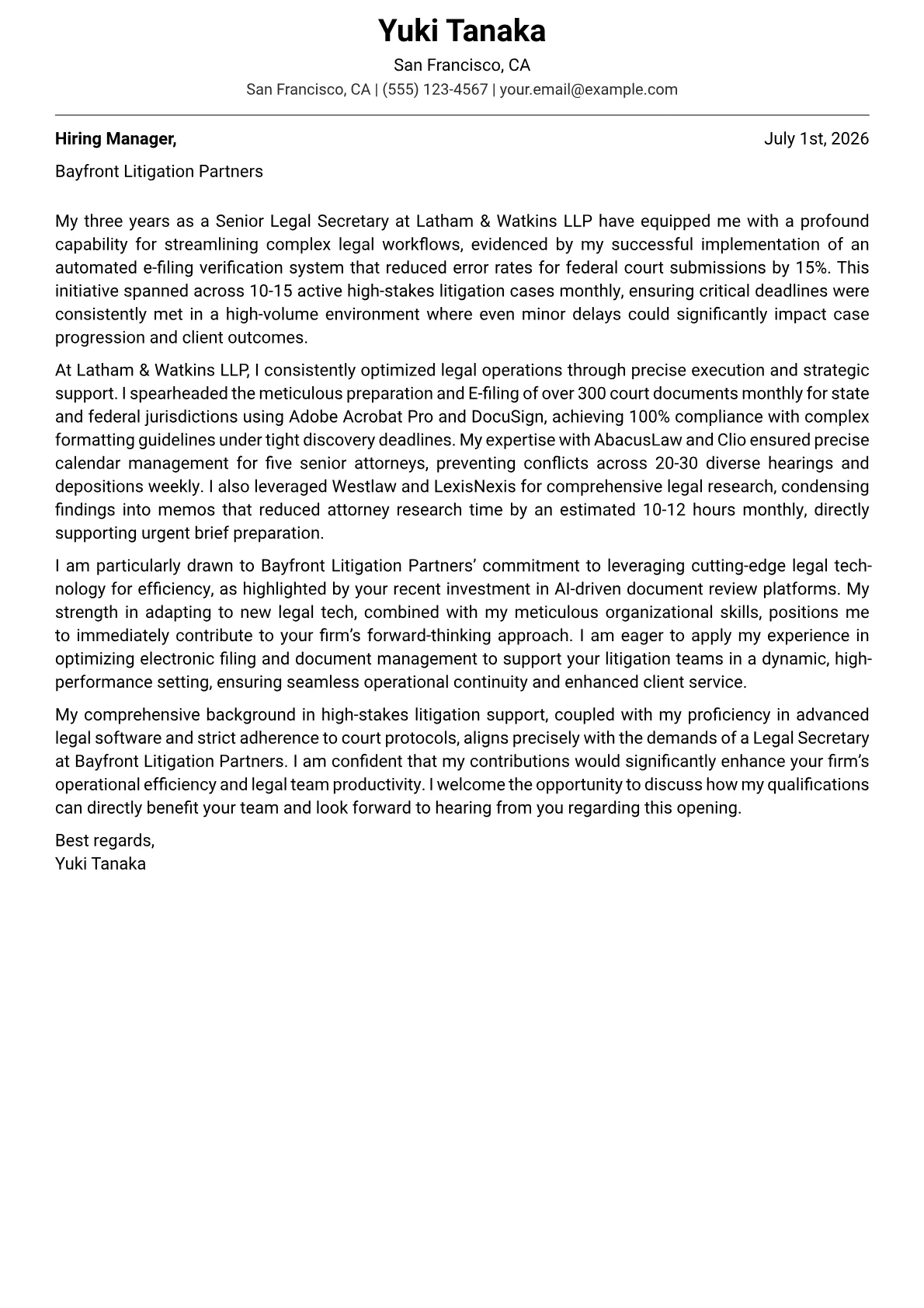 Legal Secretary cover letter formatted with a JobSprout template