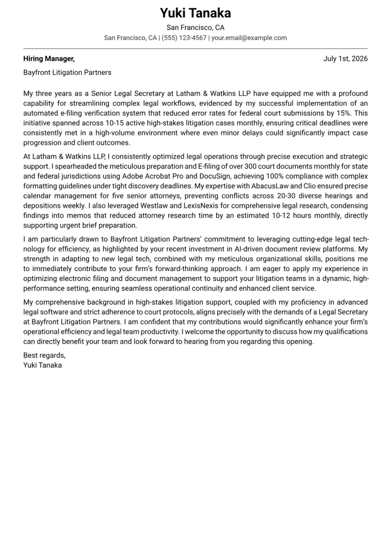 Legal Secretary Cover Letter Example