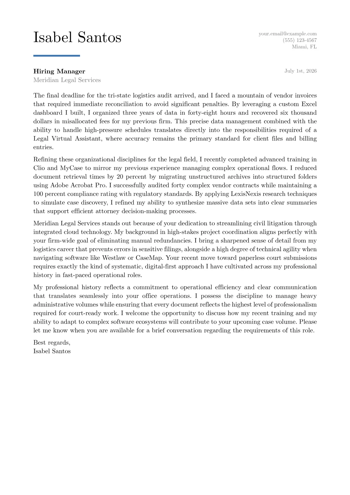 Legal Virtual Assistant cover letter in the Executive design