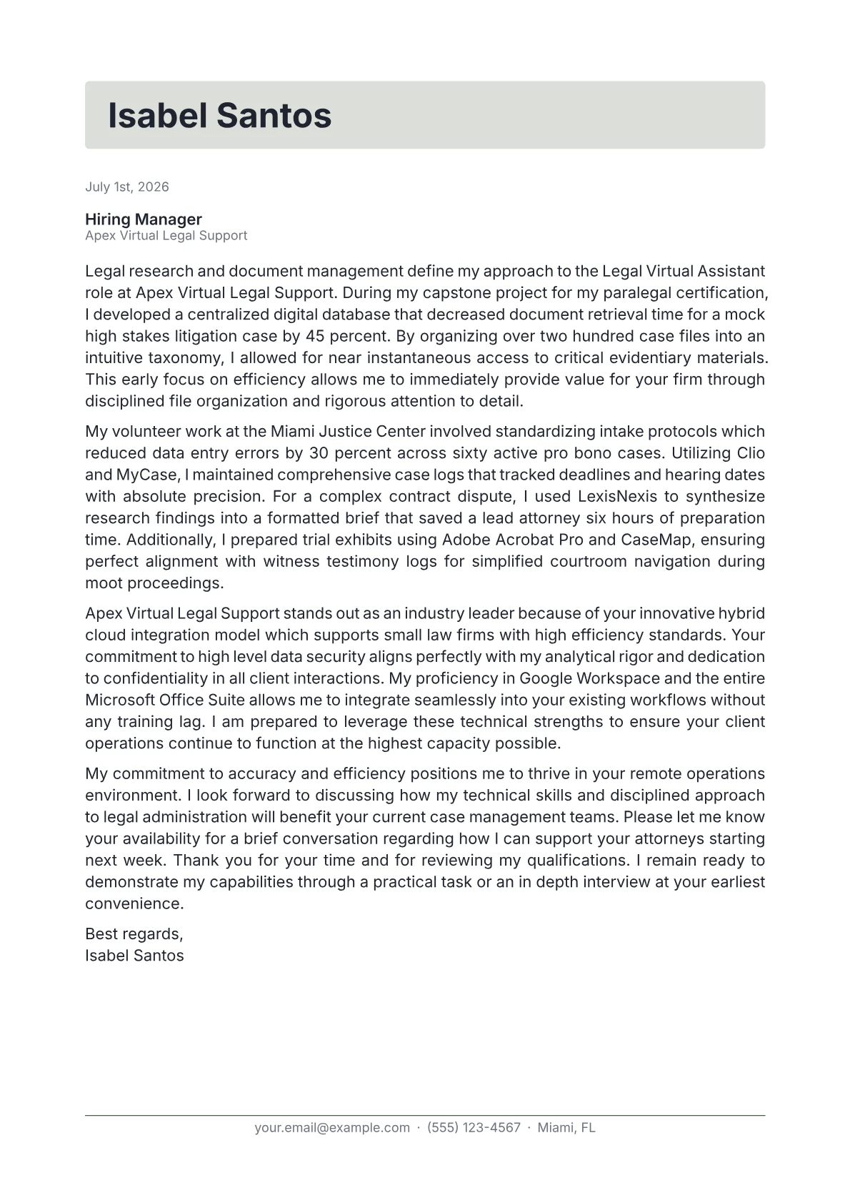 Legal Virtual Assistant cover letter in the Letterhead design