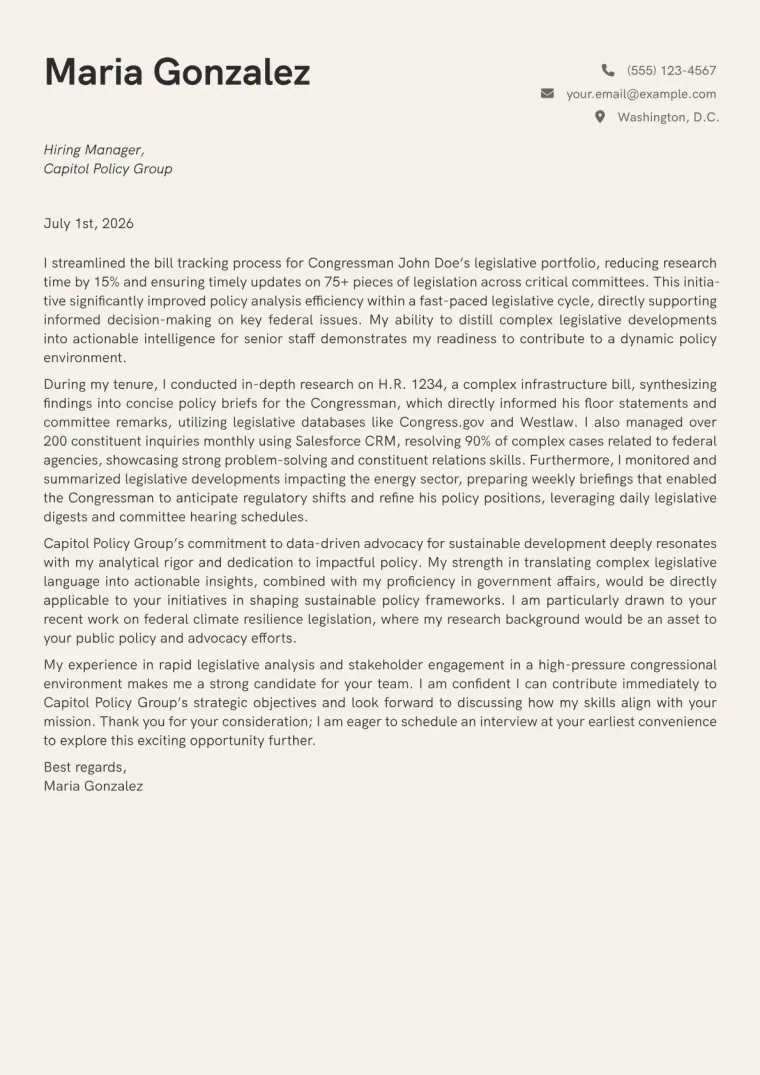 Legislative Aide cover letter example