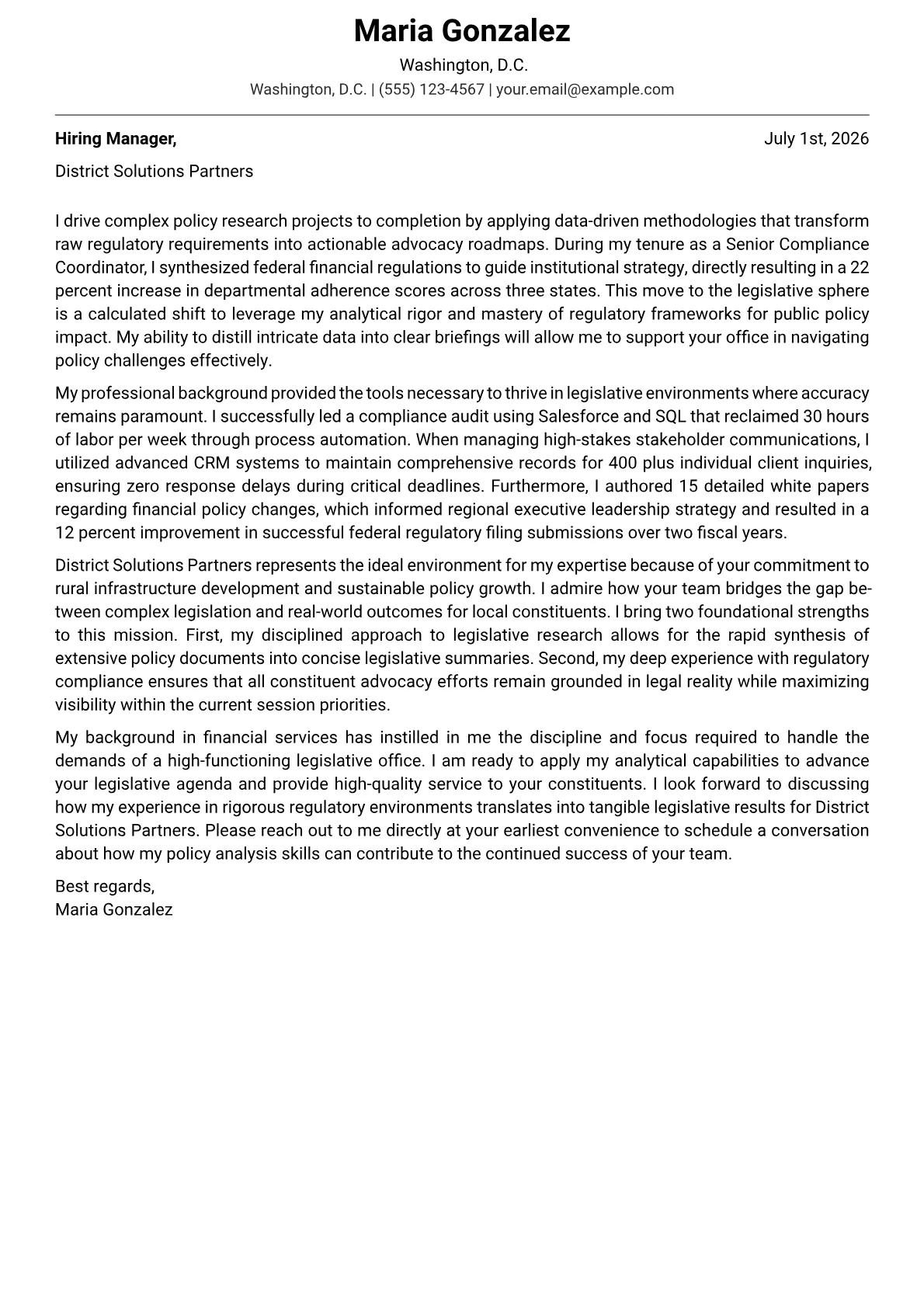 Legislative Aide cover letter in the Modern design