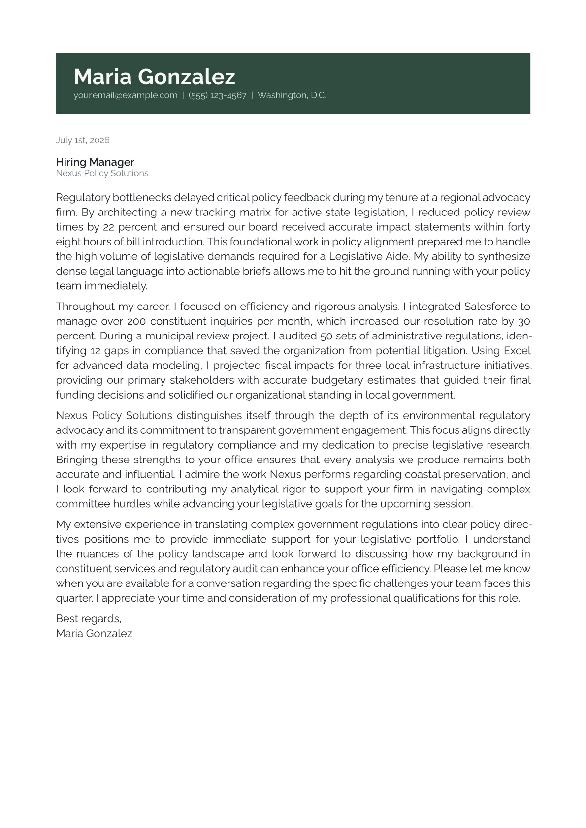 Legislative Aide cover letter in the Banner design