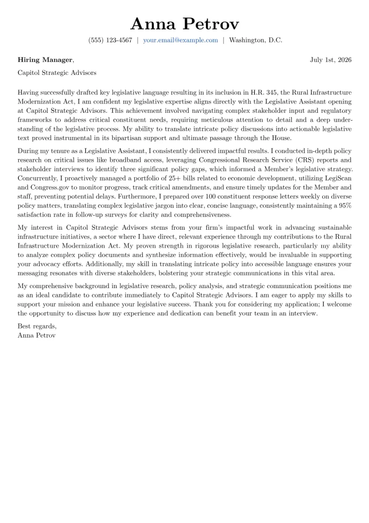 Legislative Assistant cover letter example