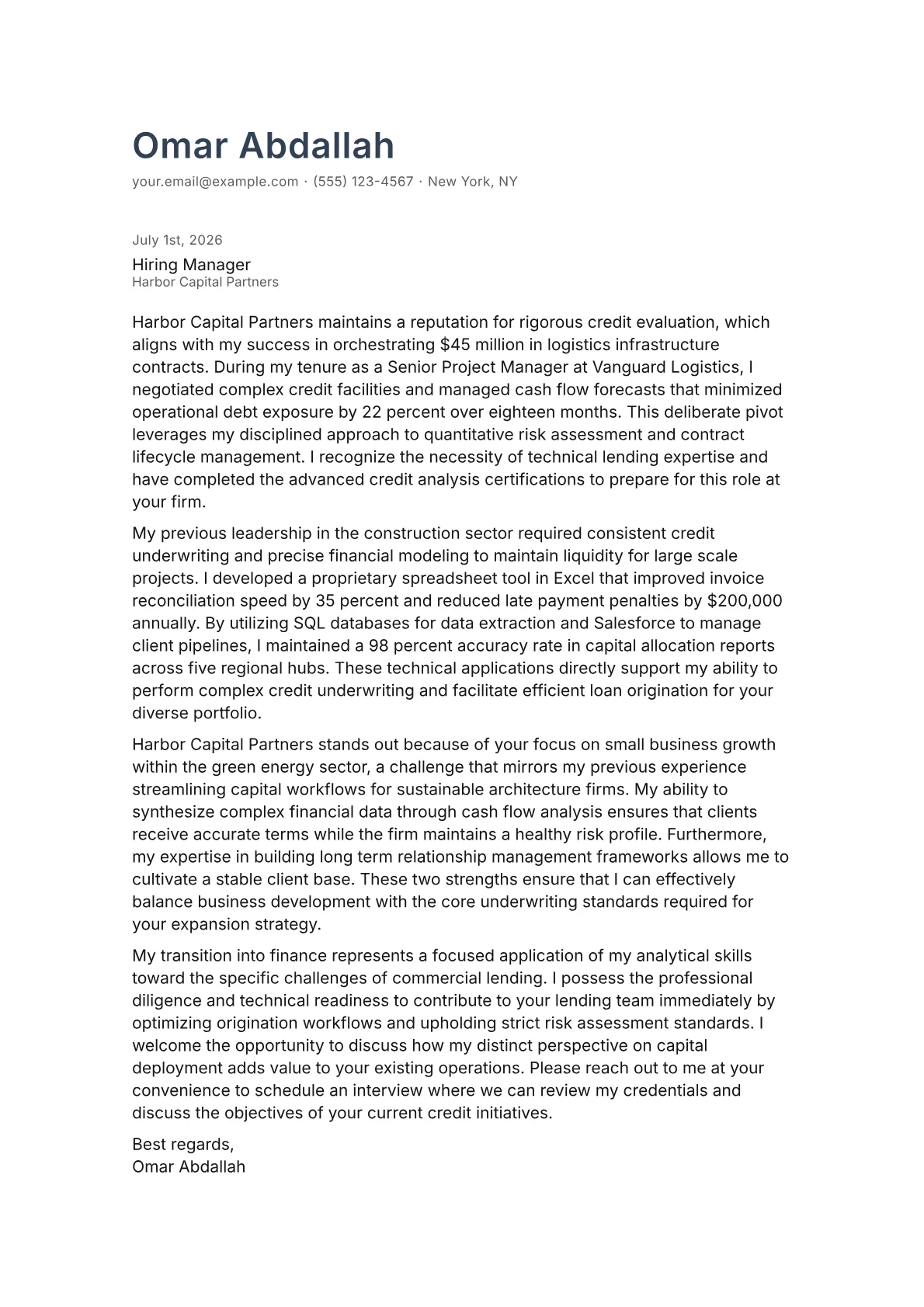 Lending Manager cover letter in the Minimal design