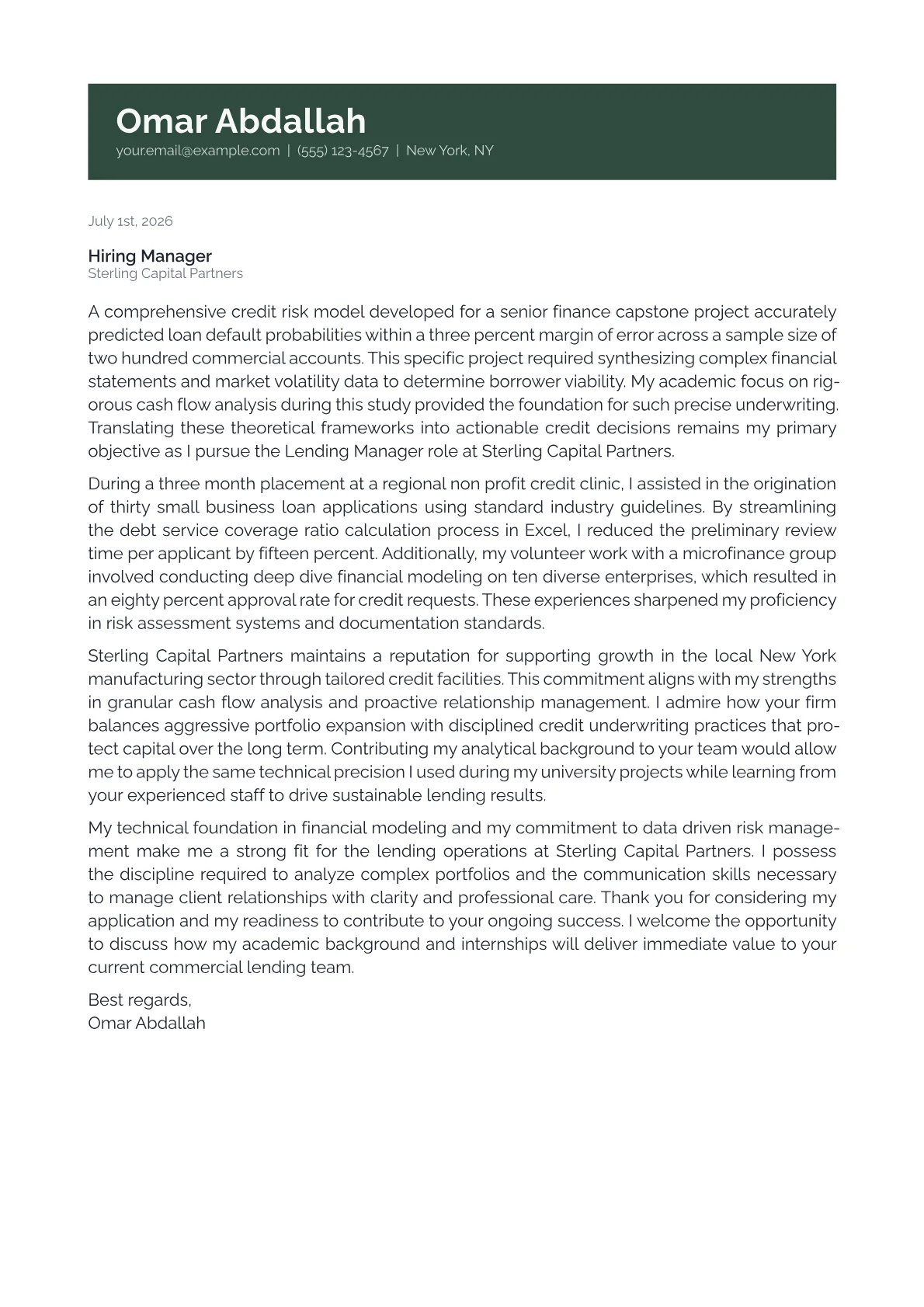 Lending Manager cover letter in the Banner design