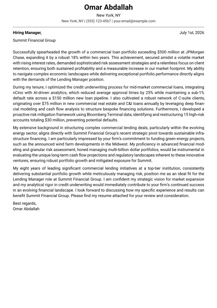 Lending Manager cover letter example preview