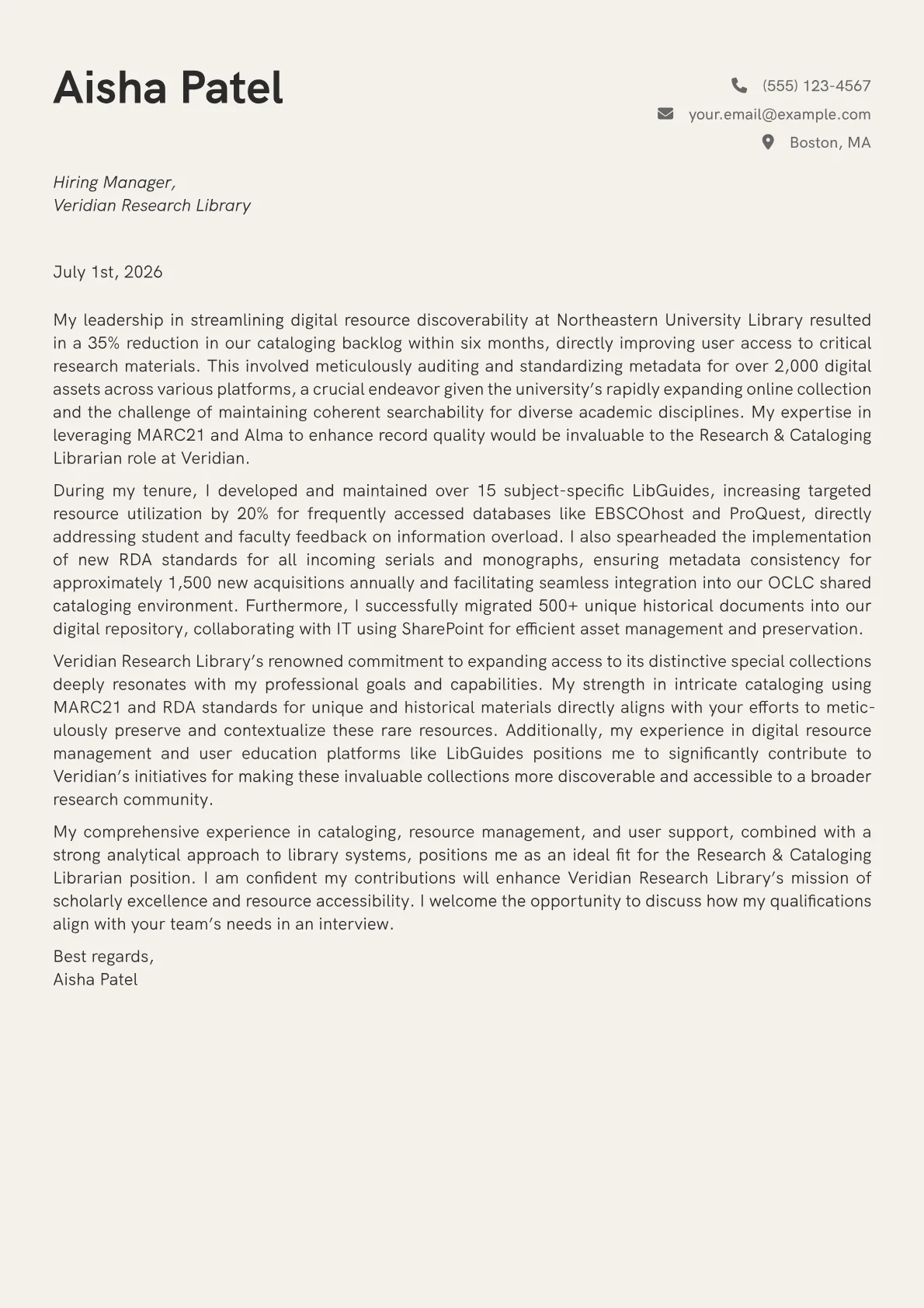 Librarian cover letter formatted with a JobSprout template