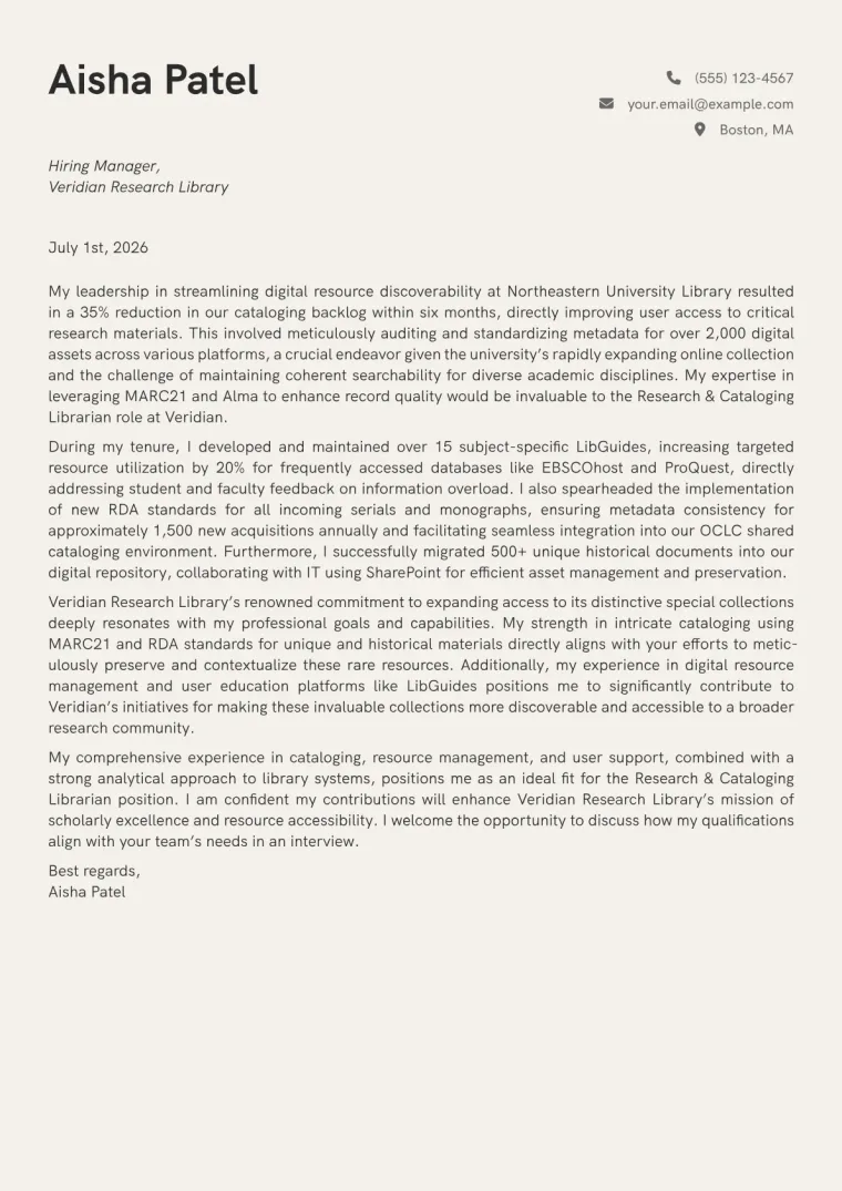 Librarian Cover Letter Example