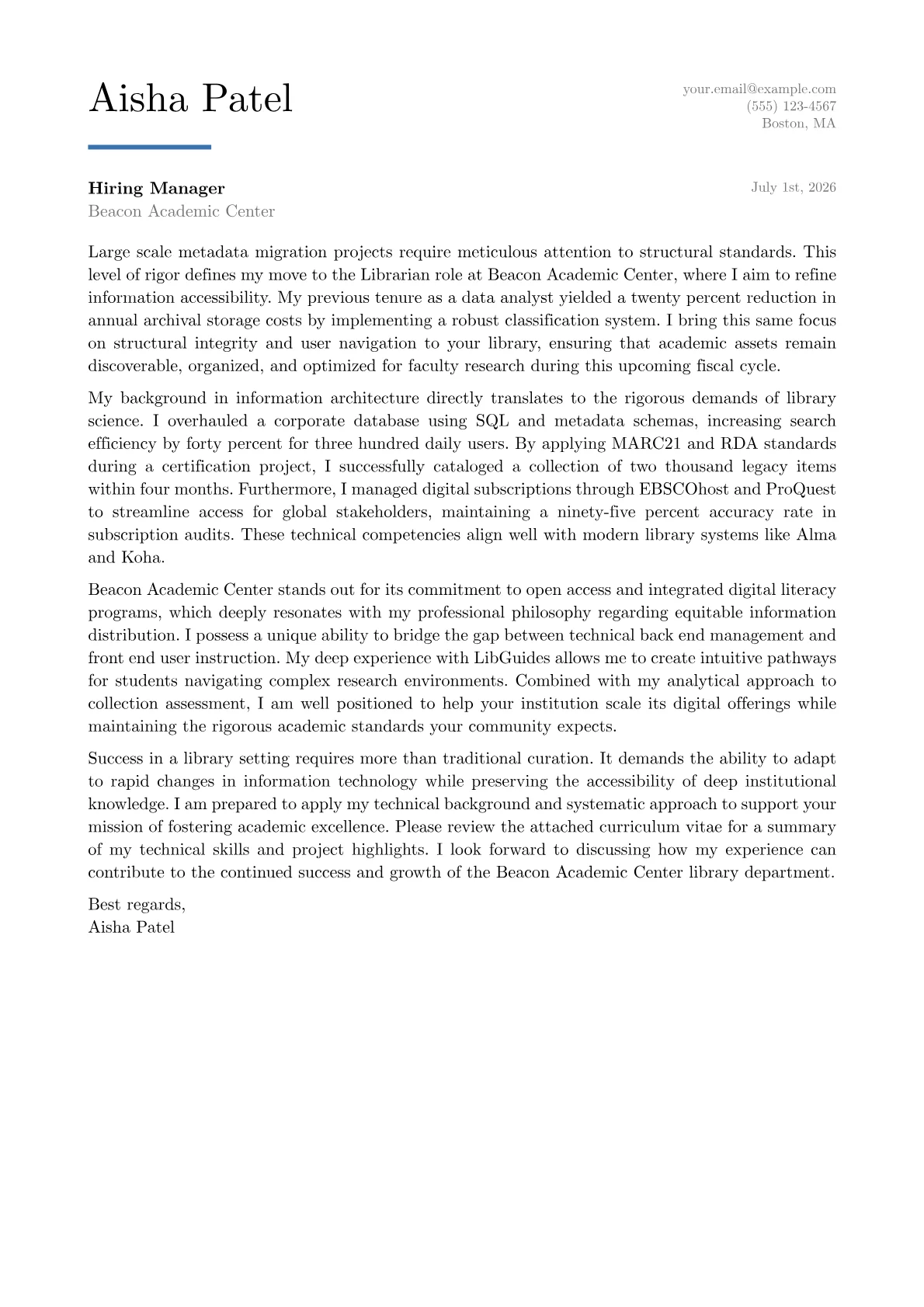 Librarian cover letter in the Executive design