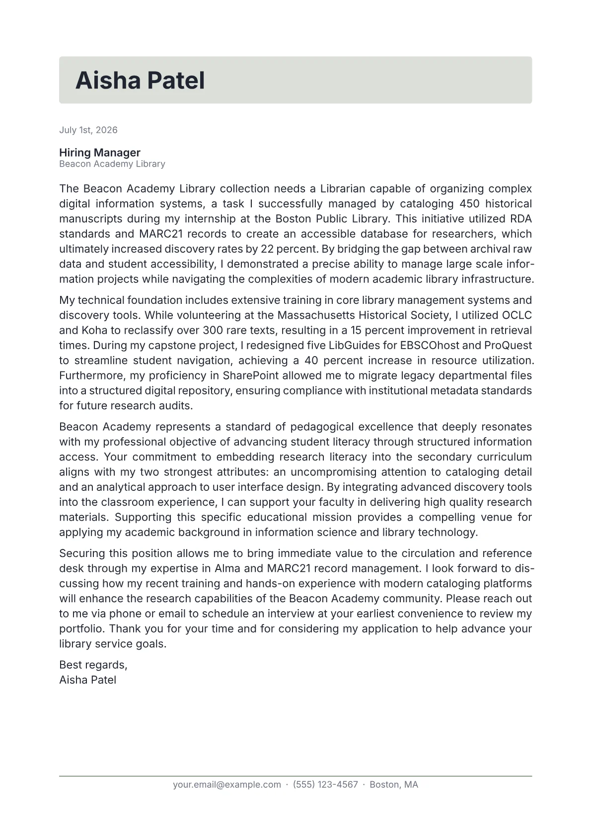 Librarian cover letter in the Letterhead design